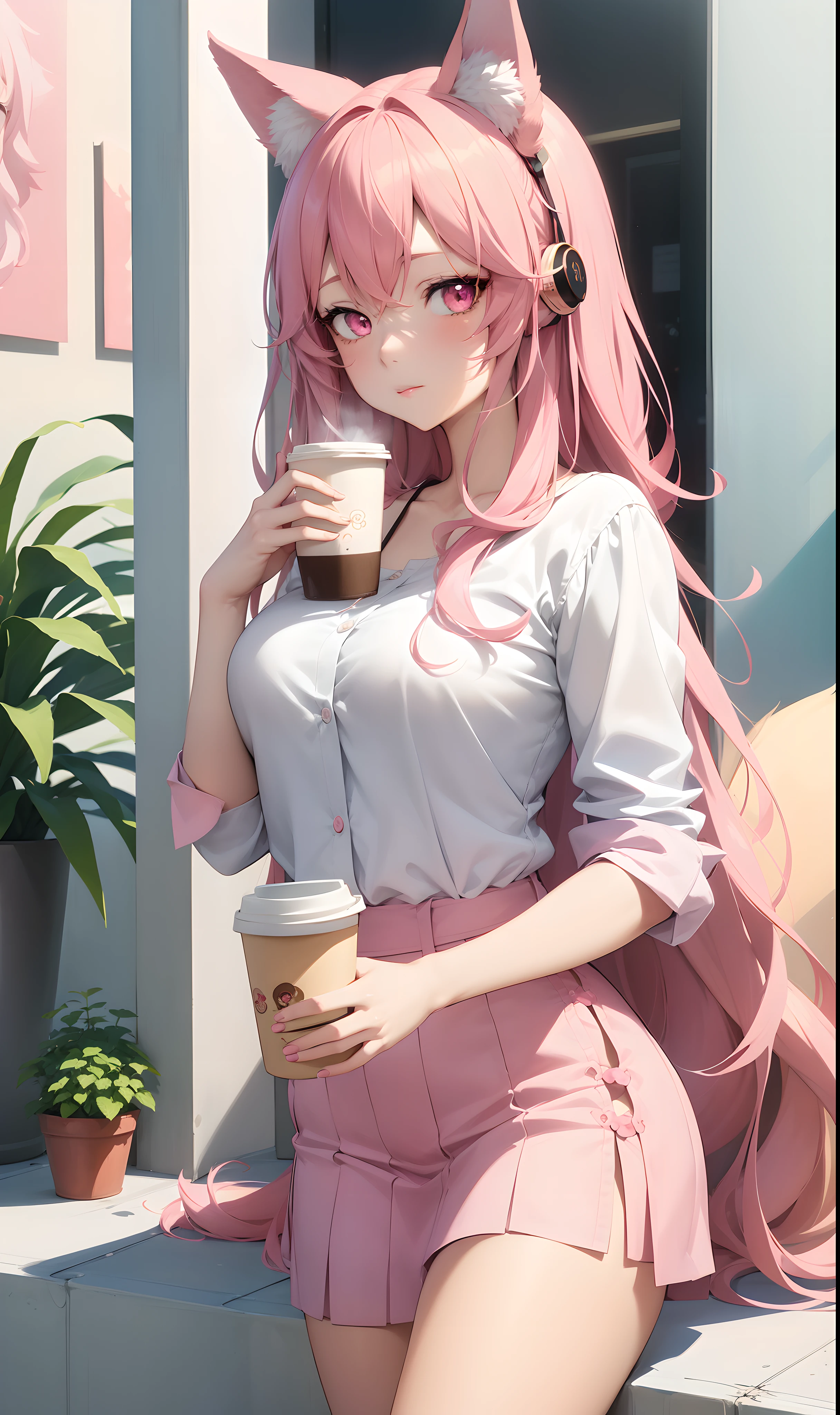 Anime girl with a cup of coffee in her hand, Fan art of a city girl, seductive anime girl, 🤤 Portrait Of Girl, anime vibes, attractive anime girl, Beautiful drawing style, Lofi Girl, beautiful alluring anime woman, realistic cute girl painting, in the art style of bowater, Pink Anime Girl With Long Hair ,pink fox ears,pink eyes