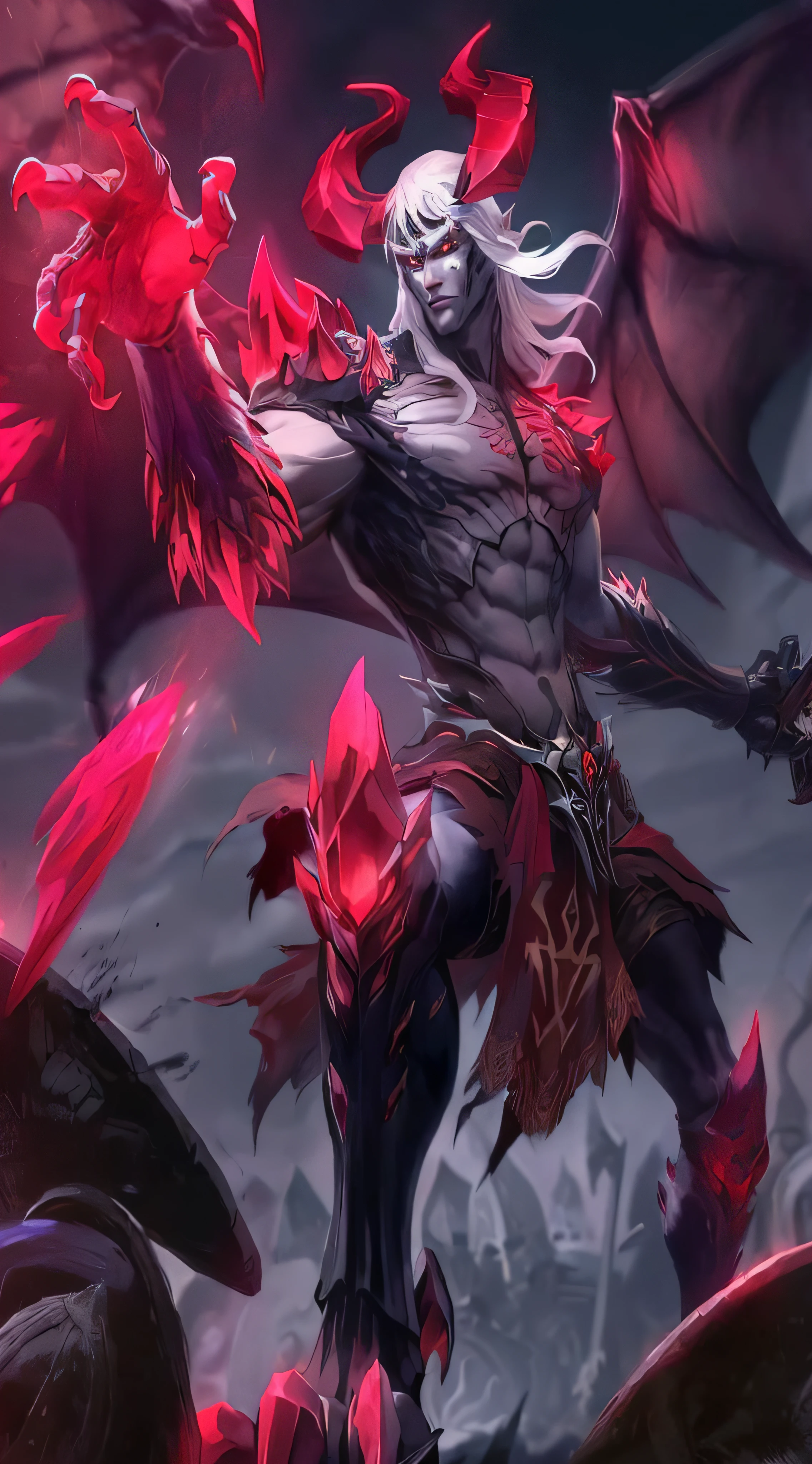 a close up of a demonic man with a sword and a demon, beautiful male god of death, male vampire of clan banu haqim, league of legends character, by Yang J, red scales on his back, demon male, from league of legends, the former demon king, fit male demon with white horns, league of legends character art