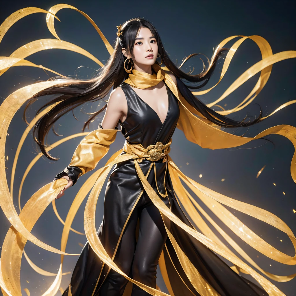 ((best quality)), ((masterpiece)), (detailed), detailed skin, Golden Eyes, Long black hair with thick waves, black silk dress, fluid dynamics, upper body nude, cowboy shot, full body image, big bust, pink nipples, brilliant golden halo, Her attire combines a rich palette of black and gold, Create a gorgeous and timeless look, Surround her with intricate fractal art patterns that come to life, adding a surreal and otherworldly dimension to her pLipsence, creative, tangled, get caught in, High_Lips, (fractal art:1.1), (black diamond), (black hair), highest detailed, (zentangle:1.2), (dynamic pose), (abstract background:1.3), (earrings:1.4), (Shiny white skin), tiffany blue.