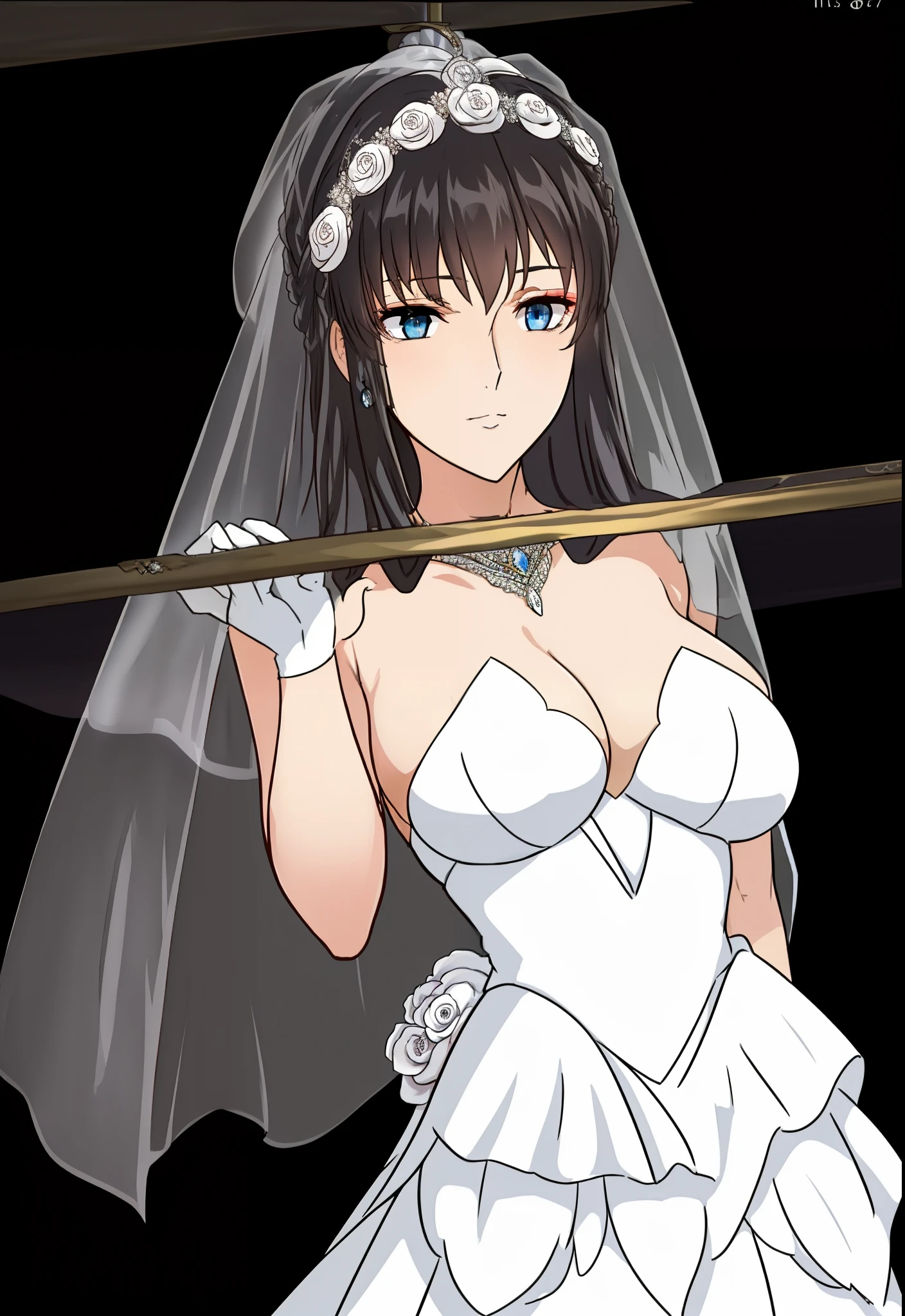Marina Ismail, 1girll,  Nero_Hair, Blue_Eyes, Braid, Up to 00,Close-up of a beautiful bride in a beautiful wedding dress, Gurvetz,（pillory：1.5）, （Flail：1.2）,  Flail on the head, Flail on the hands,(Bridal veil: 1.5), (Short transparent veil: 1.5), Flushed face, Head flower, head gear, Very detailed princess wedding dress,(Tubular wedding dress: 1.5), (Silk dress: 1.2 ), (Strapless wedding dress: 1.5), （and floor-length skirts：1.2）, Pure white dress,a white long skirt, necklace, Earrings, (Huge breasts: 1.3), Deep V heart collar wedding dress, bangs, lipstick, (Lace gloves: 1.3),  High detail RAW color art,