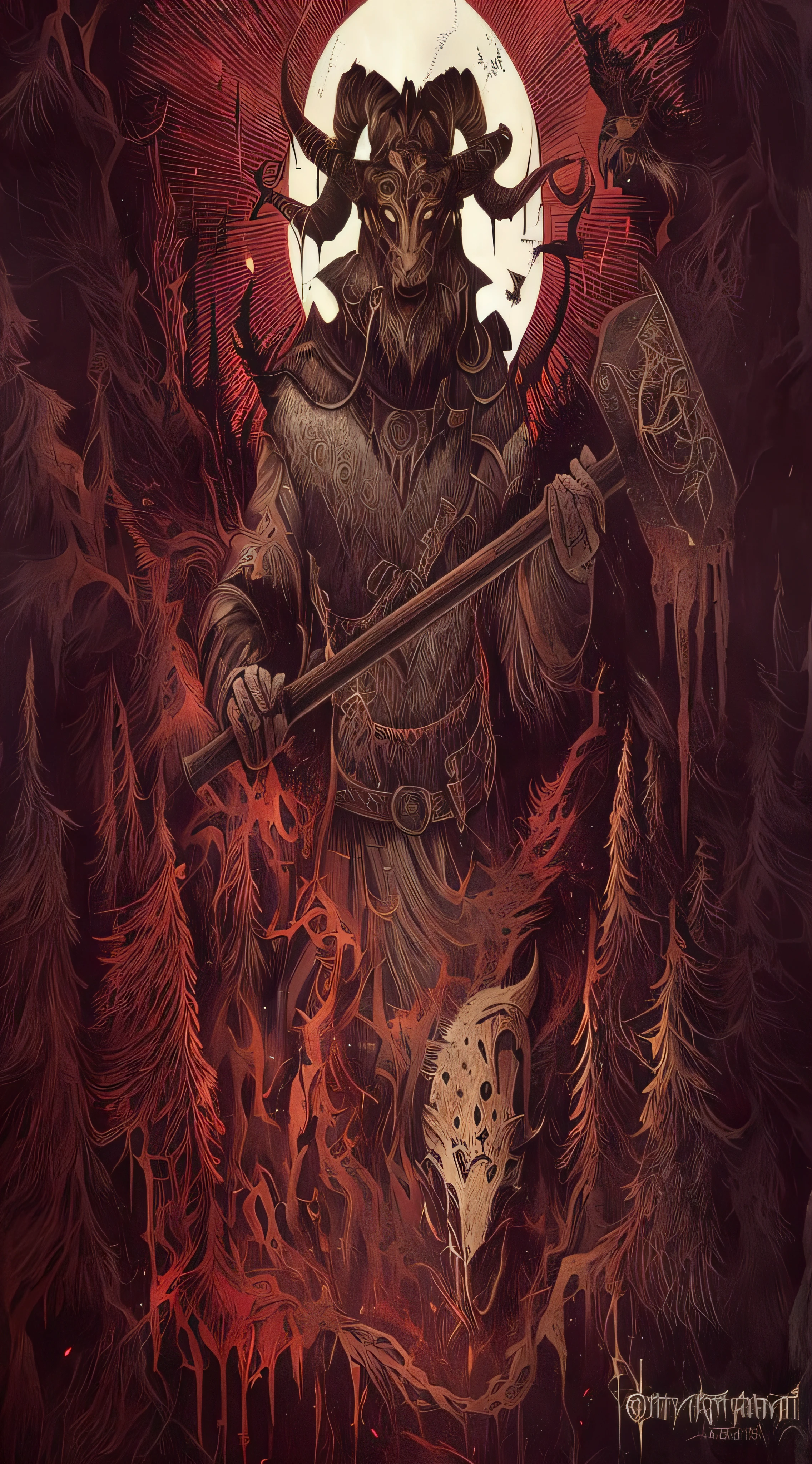 a poster of a man with a horned head holding a hammer, a minotaur wolf, horned god, heavy metal art style, just art for dark metal music, dug stanat macabre art, in style of dark fantasy art, horror fantasy art, dark fantasy horror art, heavy metal artwork, norse god, wolf in hell, fantasy horror art