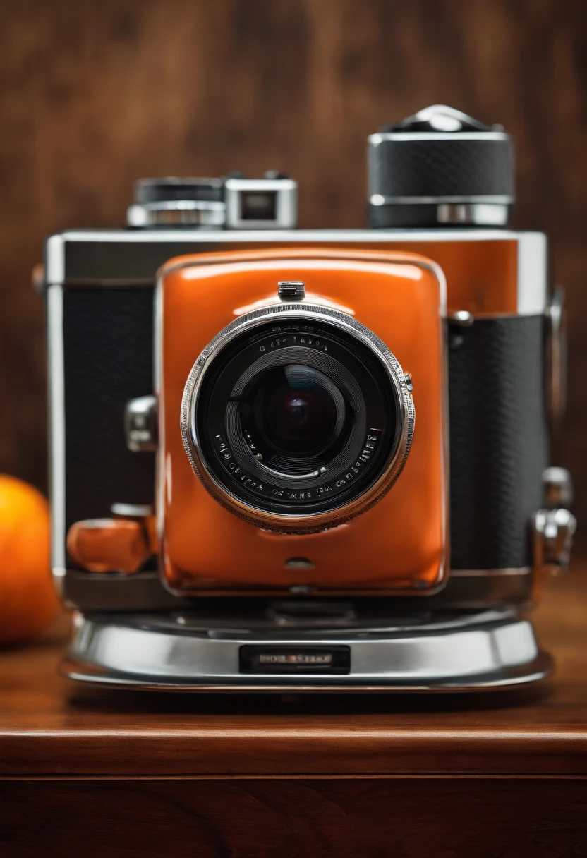 A close-up of a camera placed on a wooden table with persimmon in the background, bright and warm