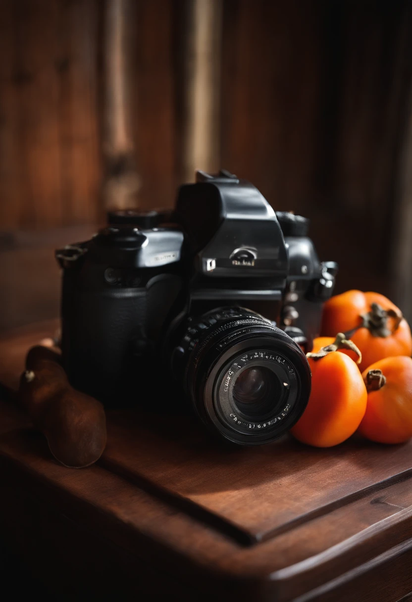 A close-up of a camera placed on a wooden table with persimmon in the background, bright and warm