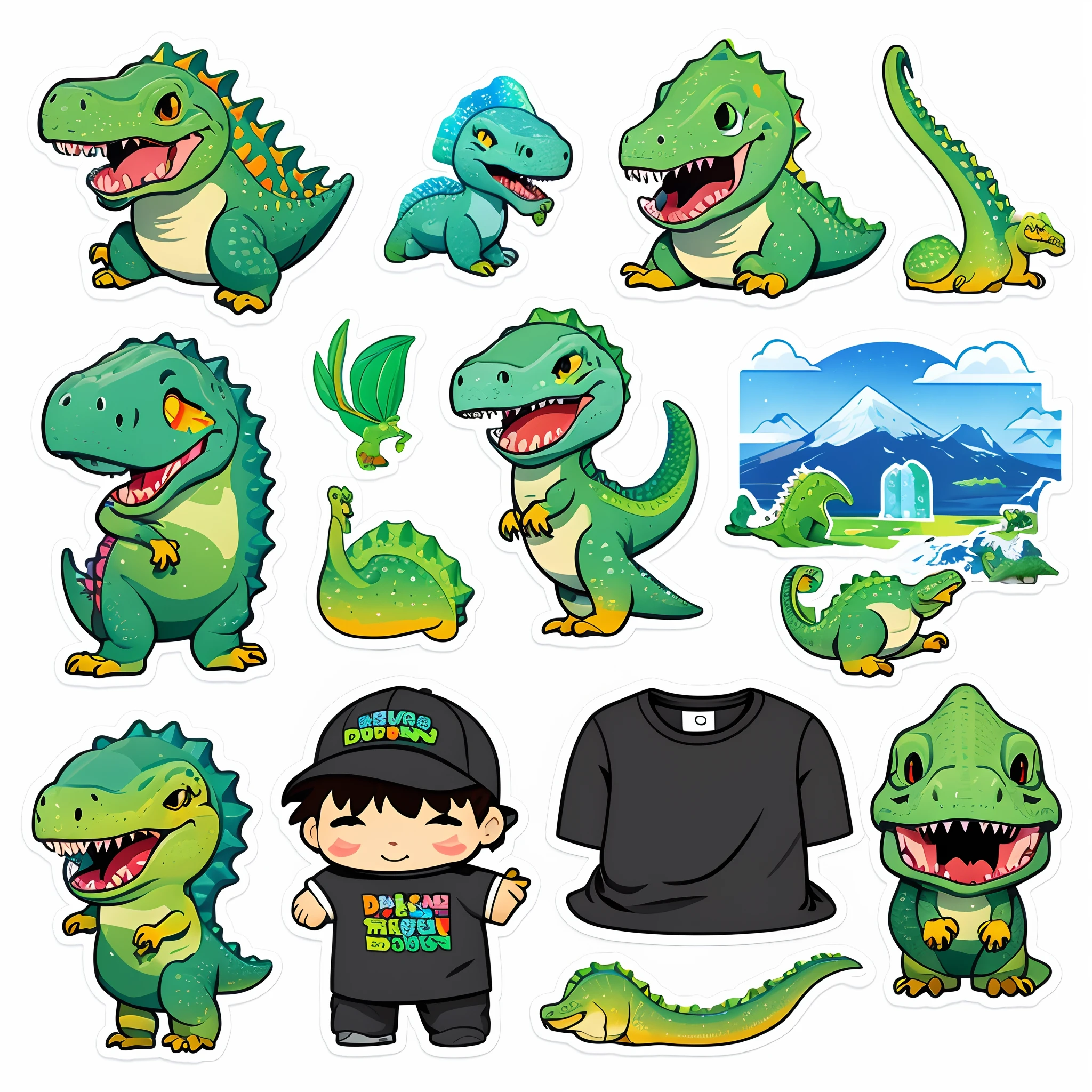 The best graphics to make into a t-shirt、a sticker、without background、Stickers only、Multiple stickers、English words、cute little、cool、dinosaur、from the front side、plein air、colourfull、Original Characters、