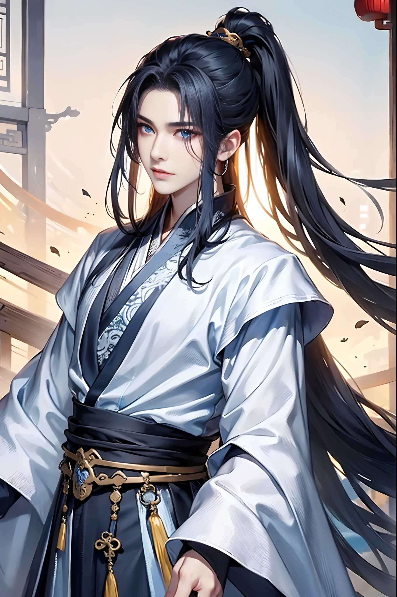 1 man, Taoist robes，blue color eyes，Detailed facial features，， Ancient China, long whitr hair，High ponytail,The ancient capital of China，dynamic shot，Dramatic，Xianxia，