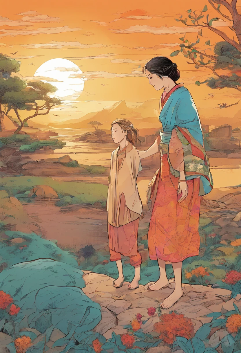 createCanvas(width, height)
drawBackground(sunsetColors)
drawAsianMother(motherPosition, motherColor)
drawChild(childPosition, childAge)
addRealTexture(textureType)
addWarmthAtmosphere(warmthLevel)
displayImage()