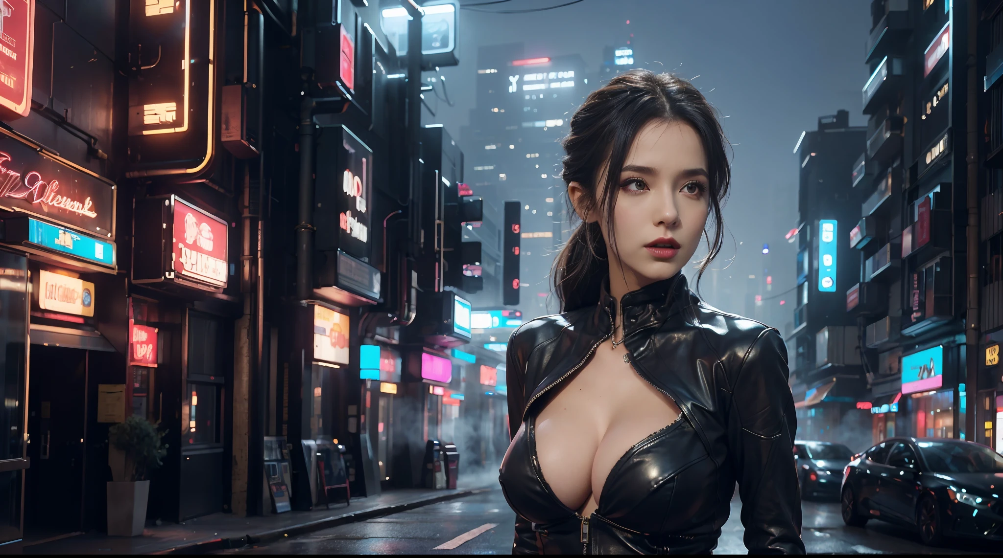1 girlirl,Solo,(3D realistic), Cold,mediuml breasts,(cleavage),tight leather clothes,Smoky makeup, hyper HD, 8K,dramatics,(Mid-range portrait),looking to the camera,The city of the future,street corner,the night,Sateen,volume fog,steamy,cyber punk perssonage