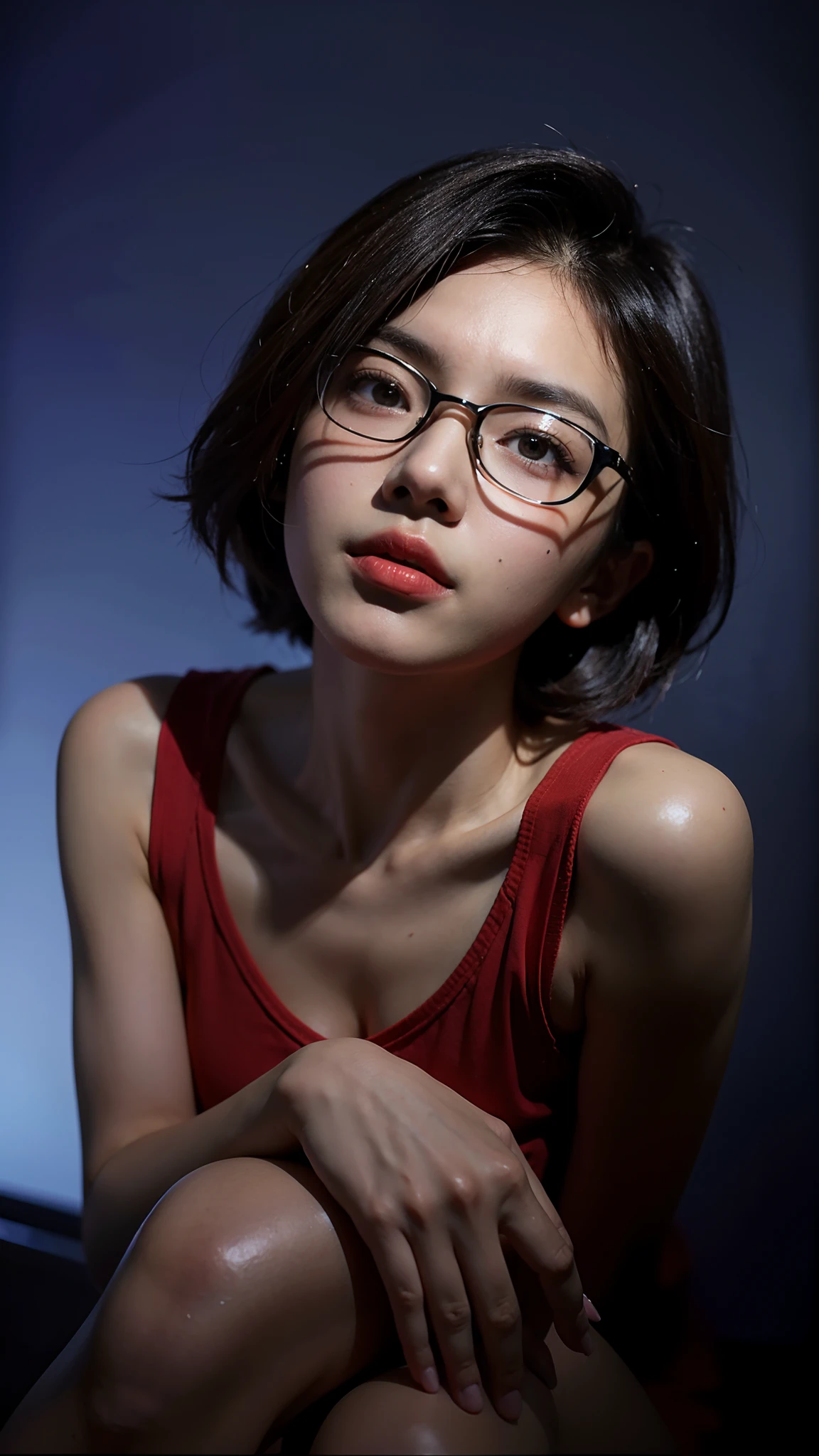 1girl, big breast, cleavage, there is a girl with glasses on her face, with short hair, with glasses, high quality photograph, lofi portrait, with glasses on, 90's color vibe, with black eyeglasses, with instagram filters, asian girl, 20 years old, cute girl, filipino girl, tempting, sexy, messy hair, leaked photo