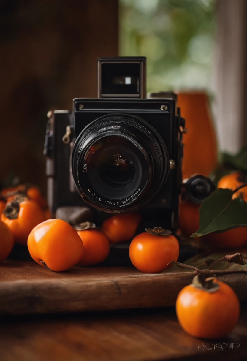 Close-up of the camera placed on a wooden table,The background is persimmons, Bright and warm