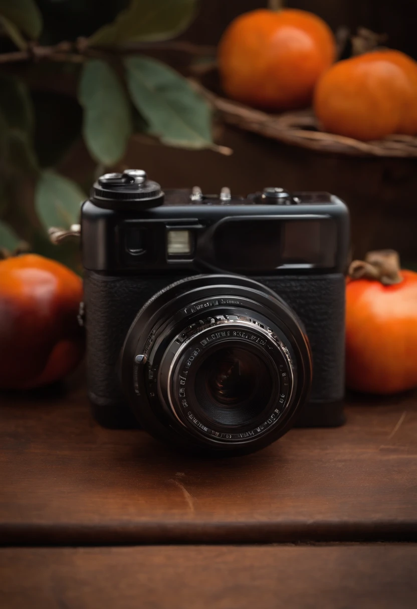 Close-up of the camera placed on a wooden table,The background is persimmons, Bright and warm