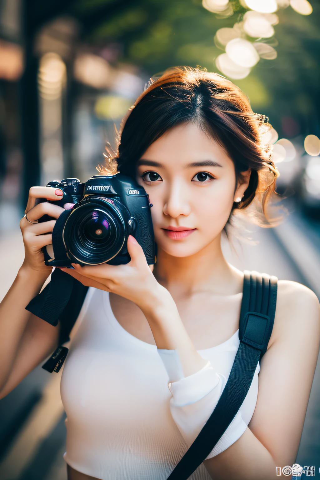 (top-quality,8K,​masterpiece),Araphedo woman taking photo with camera in the city, dslr 5 0 mm portrait photo, Professional DSLR Photography, women's pictures,(beautiful countenance,A detailed eye,Detailed skin,detailed lips),Colossal tits, High Quality DSLR Photography, Professional Photography, Photo Portrait 4K, DSLR photo, photo portrait, Photography], DSLR photo, Professional Photographer, Paparazzi Photography, DSLR photo, Hold the camera up, Have a DSLR camera