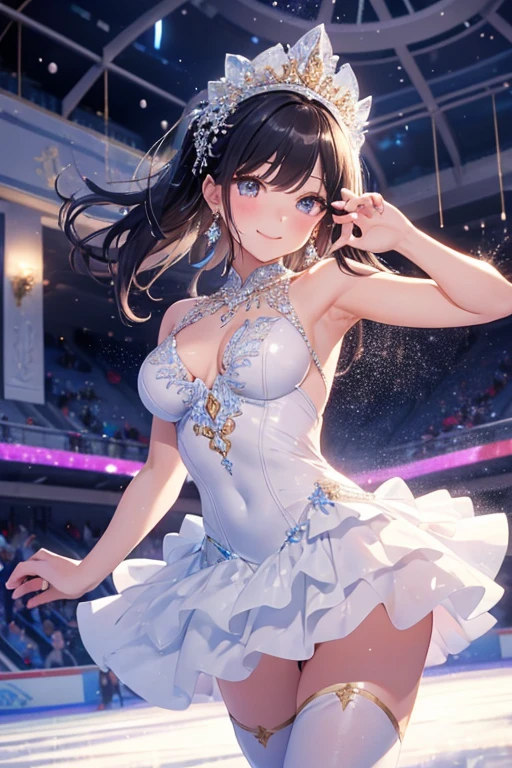 1 girl, cute, 18yo, asian, high detailed face, Smile expression. makes figure skaters dancing on ice. Give this image snow-white feathers and sparkling Swarovski crystals. Next, Accessorize with a gold headpiece, Transparent beaded necklace and matching rings or earrings. Finally, Bright makeup and sparkling eyeshadow、Complete the atmosphere of figure skaters shining on the ice. Dynamic Poses: Posing that reproduces triple axel and toe loop jump, Or、Pose during a spin to show the figure skater's grace and movement. location: Large skating rink in the center of the ice castle. The castle is surrounded by glowing ice statues and waterfalls, A huge crystal chandelier hangs in the center of the skating rink. This location is、There is a beautiful and magical atmosphere that complements the figure skating cosplay and its dynamism. photorealistic, ultra-realistic, HD, 8k