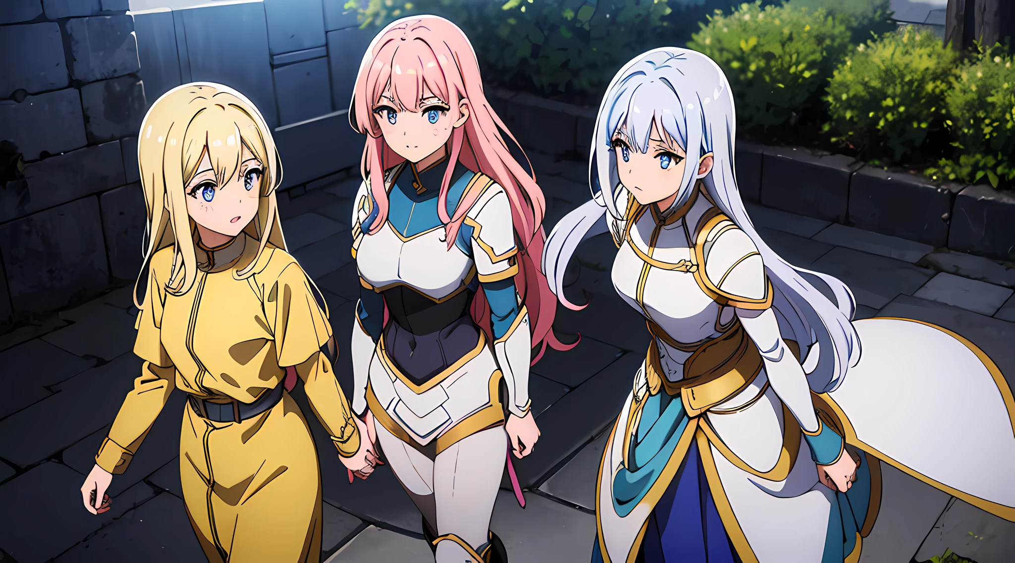 (3 moe girls), (beautiful eyes finely detailed, face to detail, multi color hair, long hair), wearing knight battle suit, half body illustration, happy facial expression, walking together as a friend, the background is in the middle age park, many magical particles surrounding them, masterpiece, top-quality, detailed, high resolution illustration