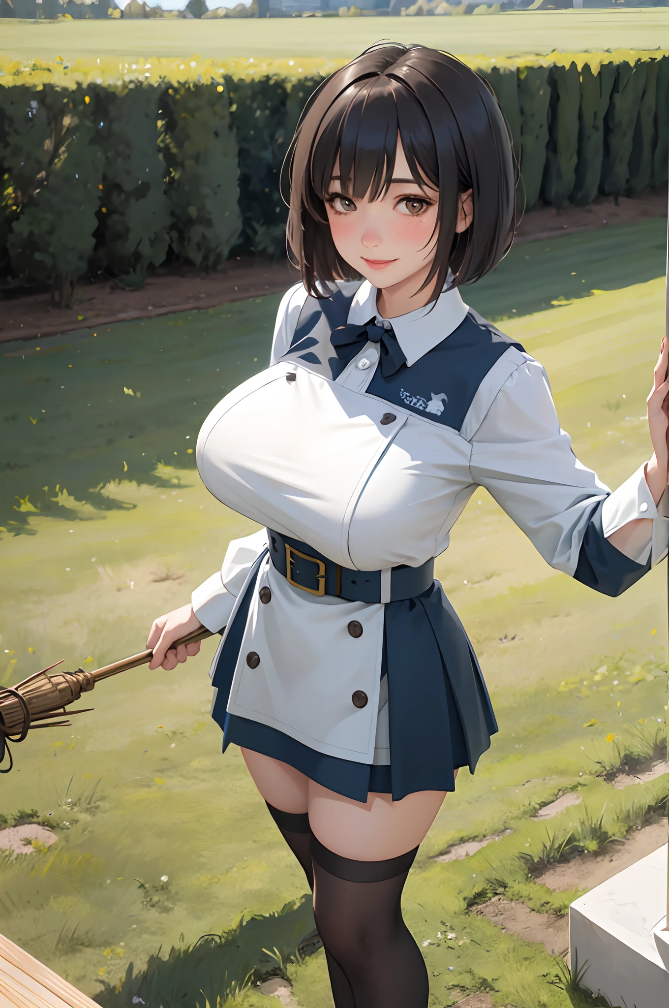 1lady solo, standing, mature female, /(lacrosse uniform/), /(short hair/) bangs, blush kind smile, (masterpiece best quality:1.2) delicate illustration ultra-detailed, large breasts BREAK /(grass court outdoors/)