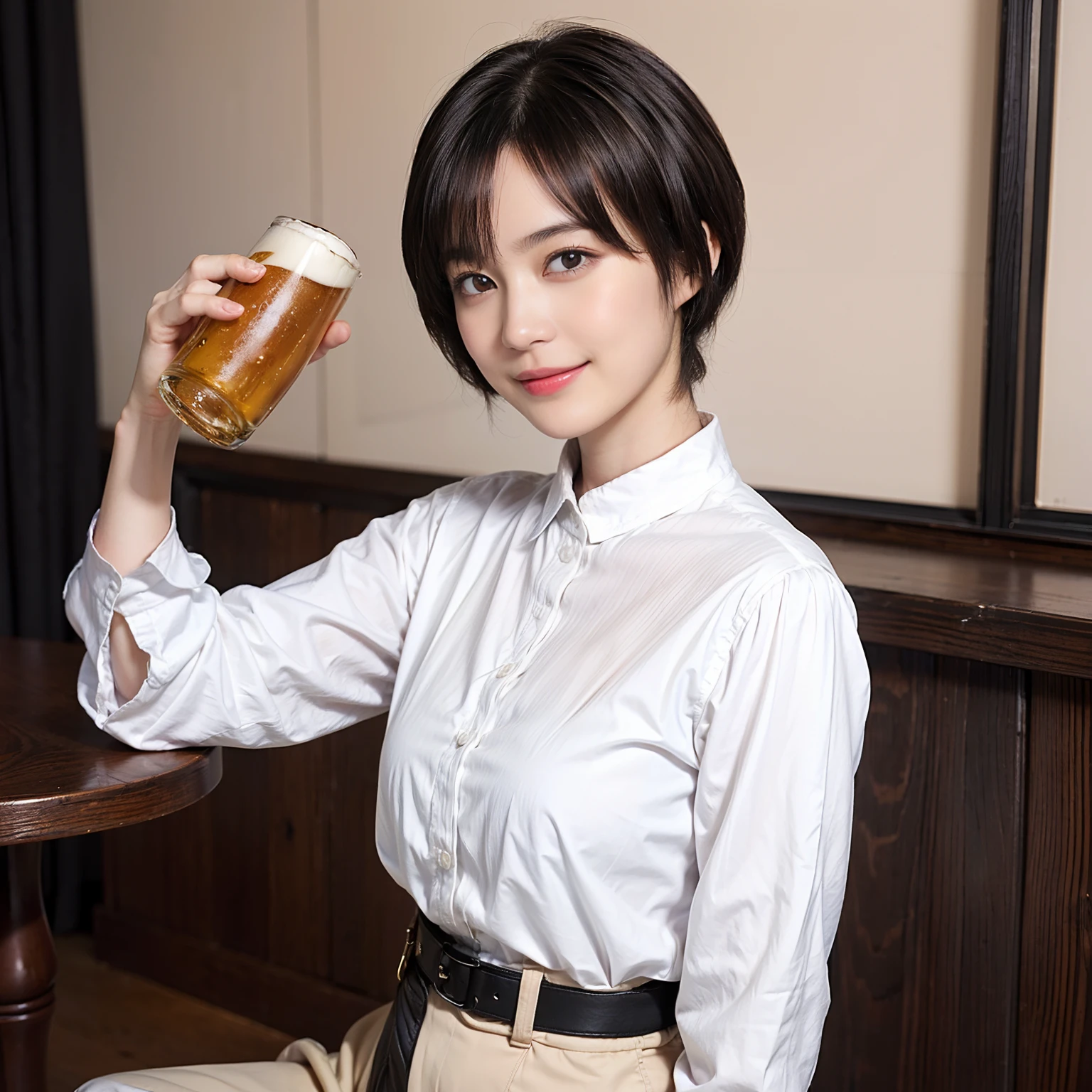 88
(a 20 yo woman,is standing), (A hyper-realistic), (masutepiece), ((short-hair:1.46)), (Smooth black hair), (Breast:1.0), (kindly smile), wear long pants, (Wearing a long-sleeved shirt), (Beautiful skin:1.5), (Drinking beer)