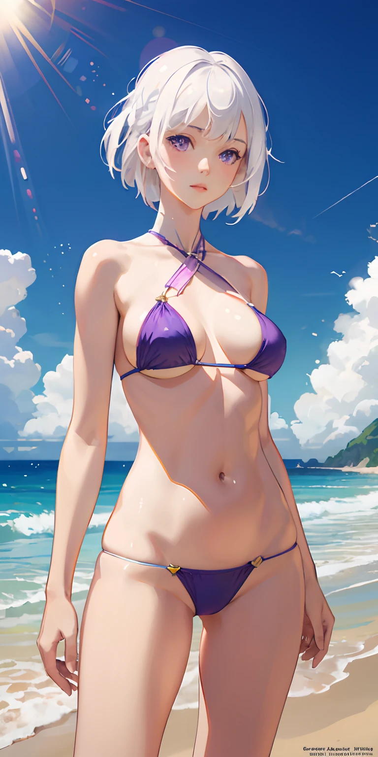 realistic, 1girl, white hair, purple eyes, bikini, beach, light particles, light rays, wallpaper,