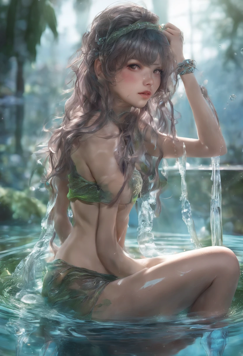 (Masterpiece, Best quality, Ultra-detailed, Best Illustration:1.4), 1girll, (Slime girl:1.4), (Transparent:1.3), (See-through:1.2),Sitting, ,No clothing,(refractions,Reflection:1.4) , transparent face, Transparent body, Transparent skin, sunshine day,water blue,Spring water background