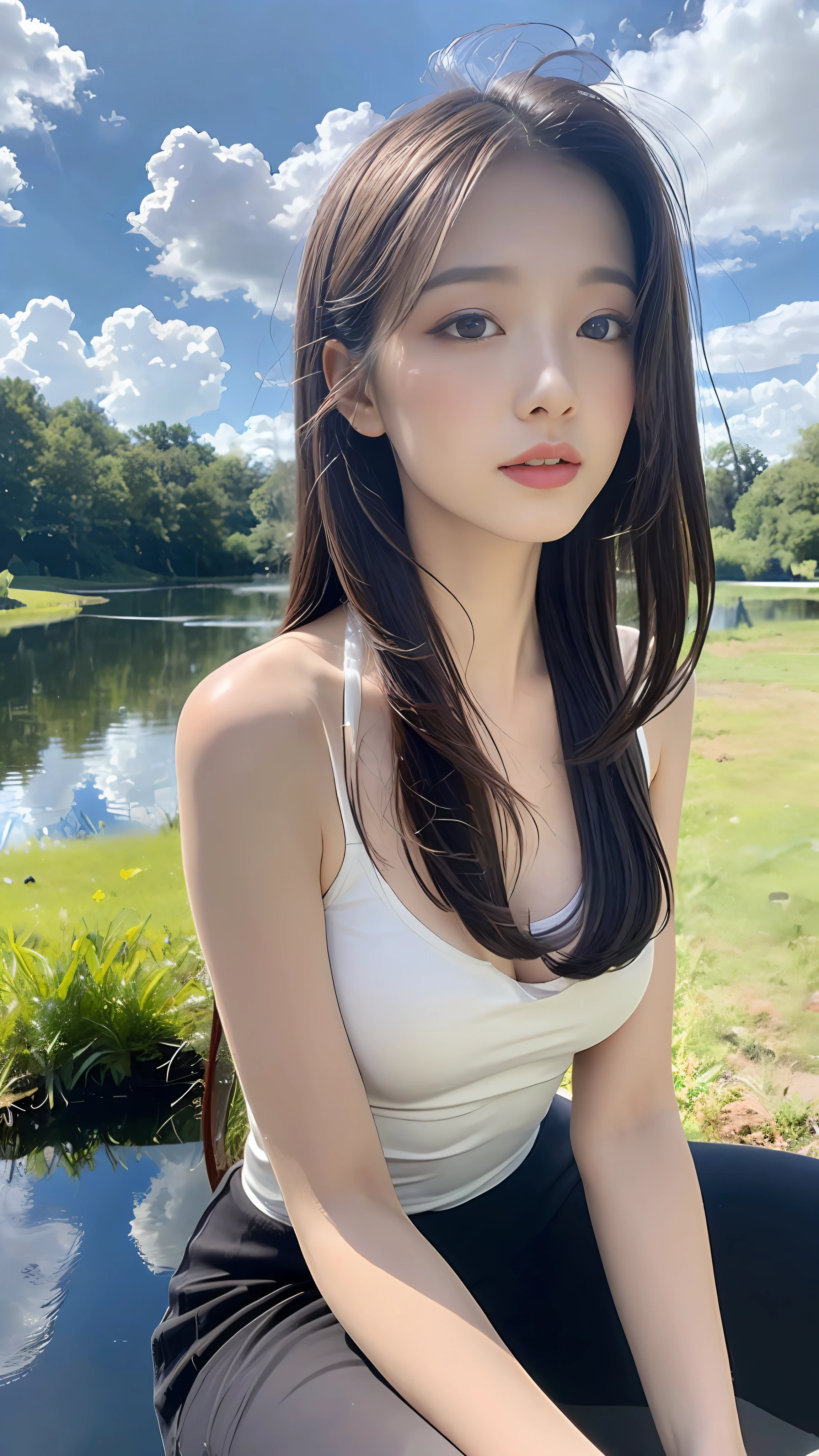 ((Best Quality, 8K, Masterpiece:1.3)), a beautiful girl, pure, melon face, gentle and cute, thin figure, (frontal), (tilted head), looking directly into the camera, [detached sleeves::0], [collared shirt::0], [capri pants::0], black silky long straight hair, long hair flowing over the shoulders, round black big eyes, clear big eyes, moist red lips, sweet, sitting by the pond, blue sky and white clouds, sunshine ,, idyllic background