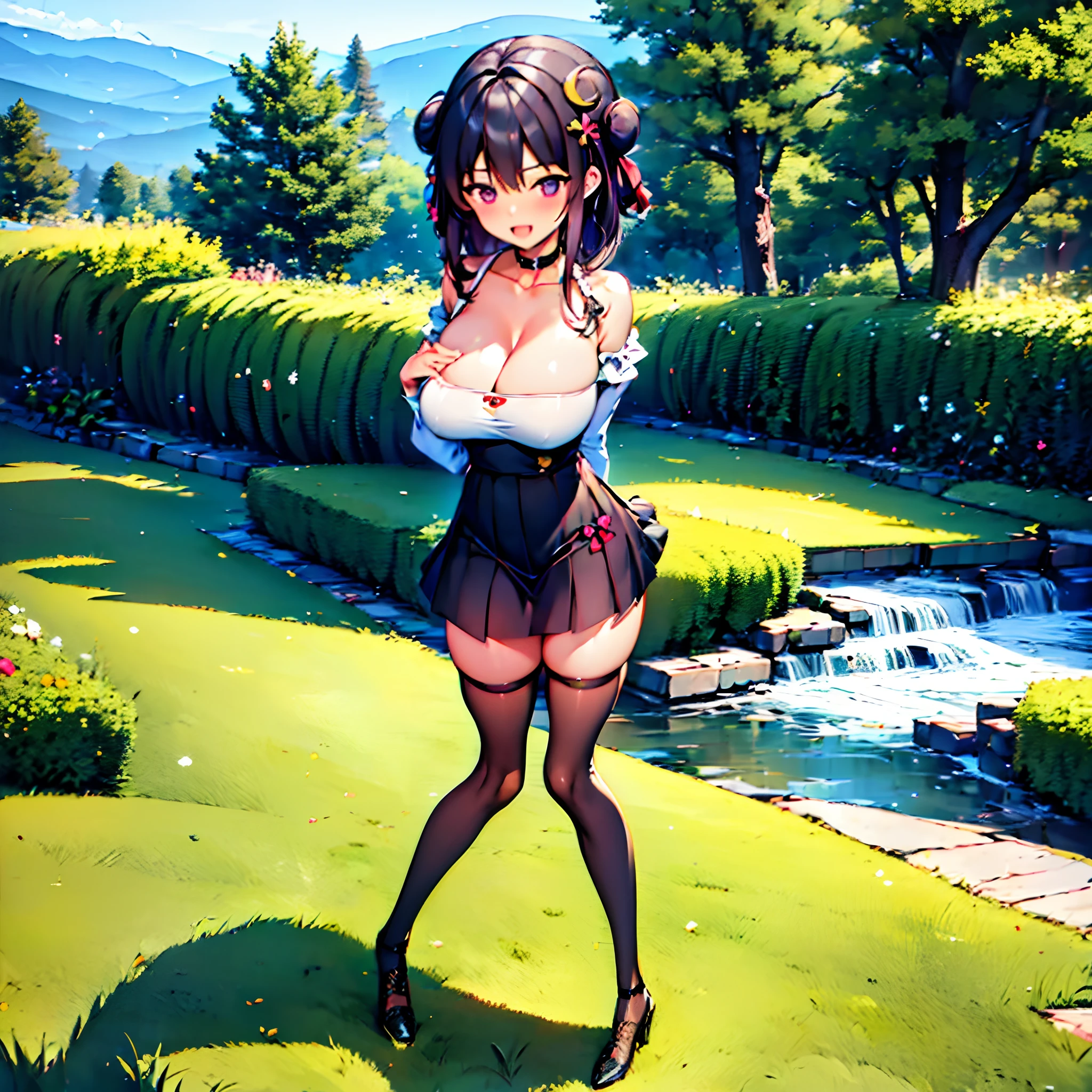 Patchouli standing at lakeside forest, (solo:1.5), BREAK, (standing with legs wide apart:1.4), (open legs wide:1.4), pigeon toed, (very long legs:1.2), thin legs, (short torso:1.3), BREAK, (very short high-waist skirt), black thighhighs, large breast, BREAK, smile for viewer, nose blush, open mouth, BREAK, (masterpiece, best quality, ultra-detailed:1.3)
