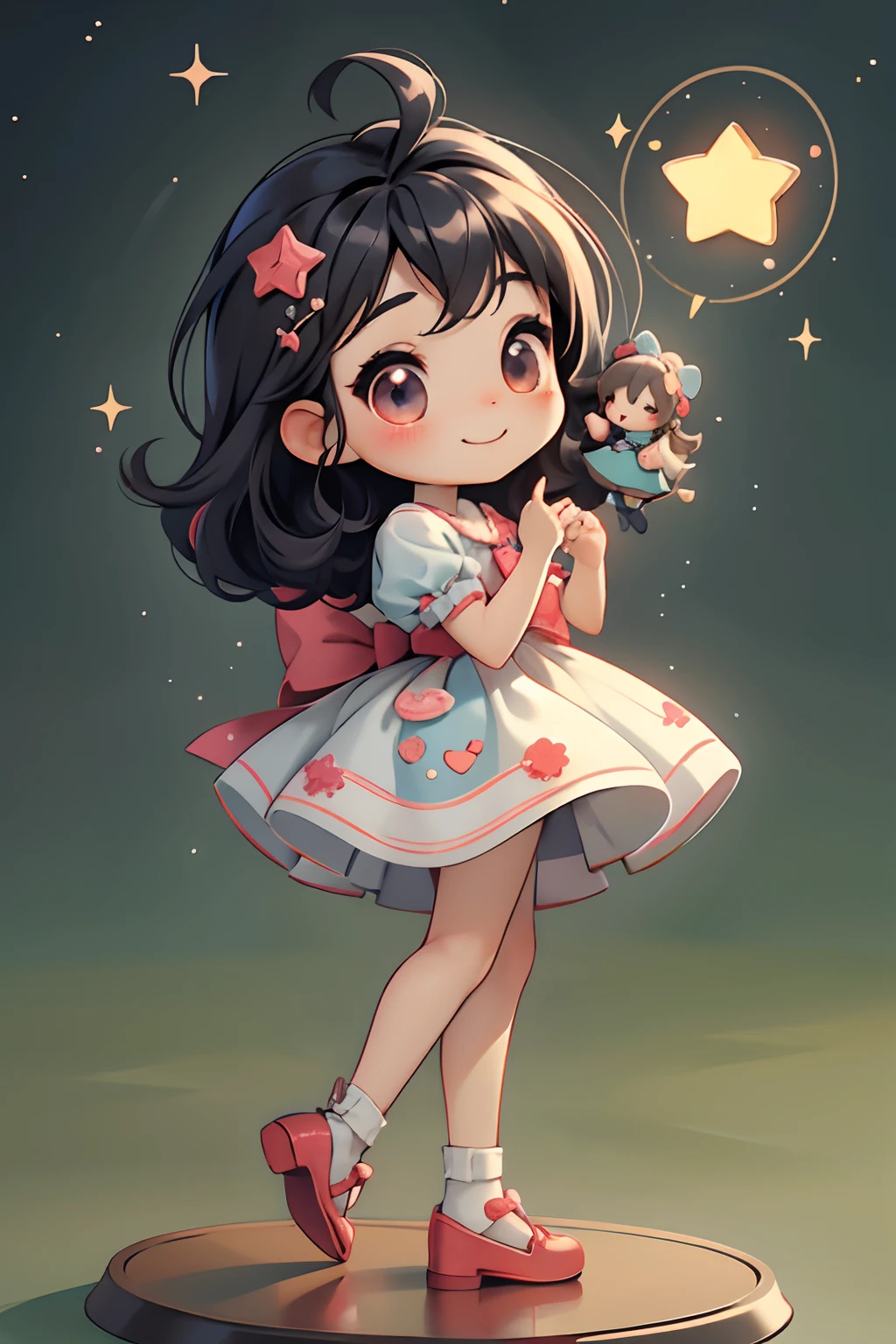 Place one small doll on a circular stand、kawaii pose、A smile、A dark-haired、Chibi Doll、Stars in the eyes(kirakira)、Raise your right hand、Eye Up、Laugh、Cute red shoes、Ultra Detail, radiant light、bio luminescent、Taken from the side、Stronger bokeh effect