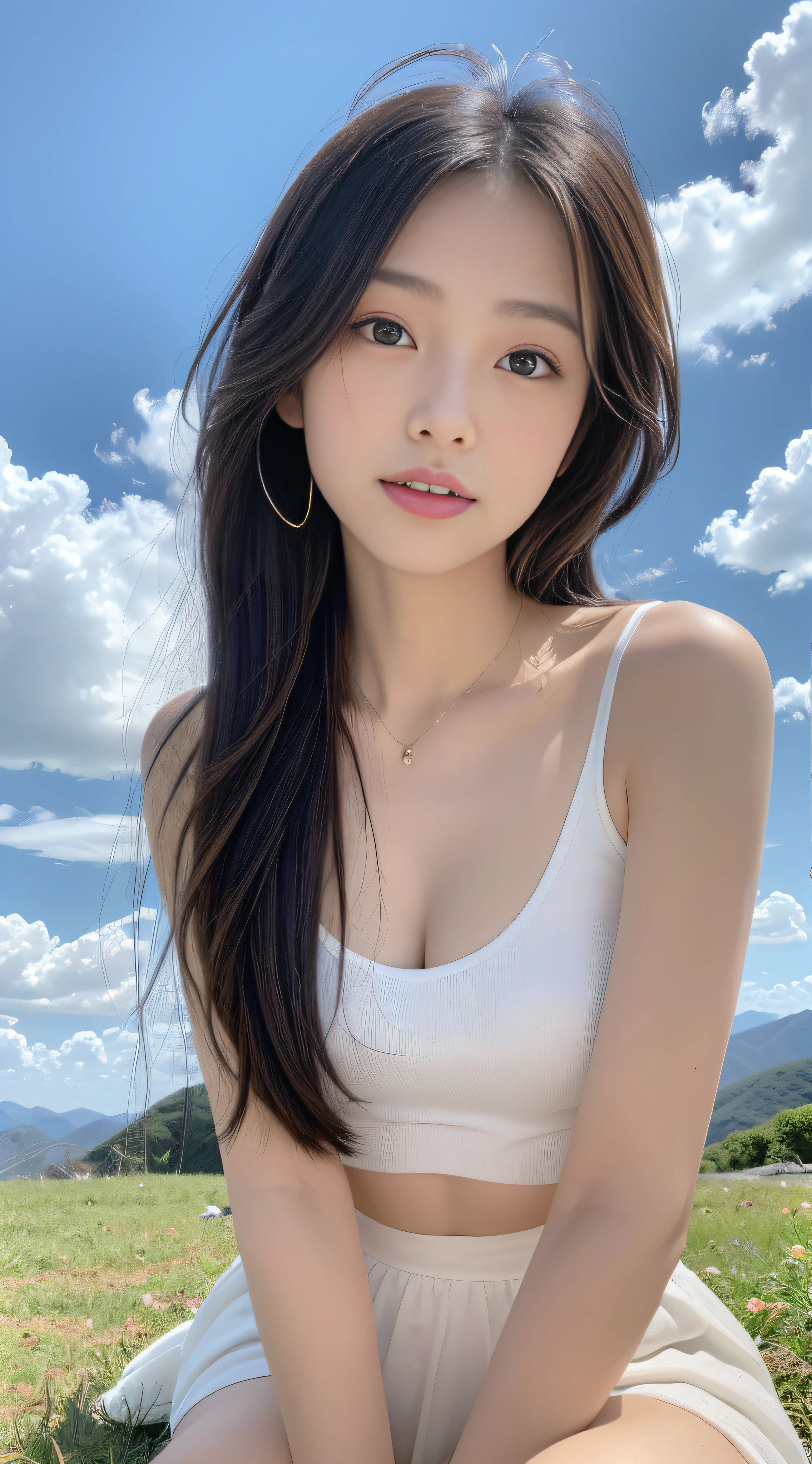 ((Best Quality, 8K, masutepiece:1.3)), beautiful  Girl, pure, Melon face, gentle and cute, Thin figure, (Frontal), (Head Tilted), looks directly at camera, [Detached sleeves::0], [Collared shirt::0], [Capri Pants::0], Black silky long straight hair, long hair flowing over the shoulders, round black big eyes, clear big eyes, Moist red lips, Sweet smile, Sitting, Hands on knees, Blue sky and white clouds, Sunshine, Summit of Mt, Northern view of the Tibetan steppe、Colossal tits