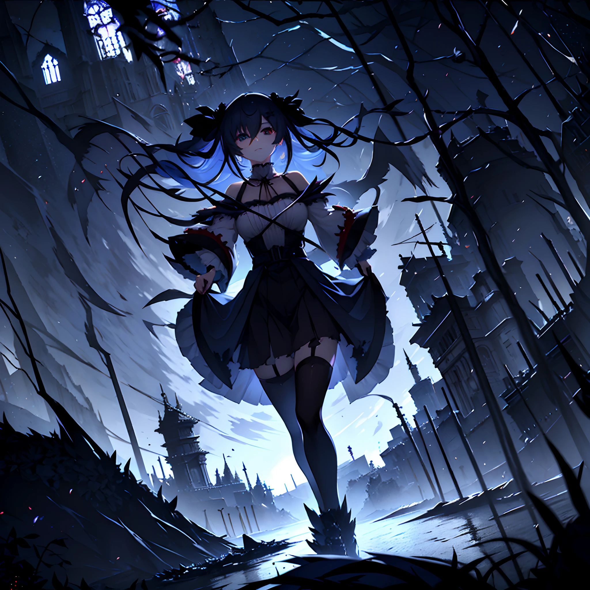 1 girl, solo, Hakase_Fuyuki, aberrant colours, dystopian world, medieval gothic, frilled gothic dress, short sleeves dress, 1 piece gothic dress with long skirt, black hair with grey tips, cute hair accessory, sidebangs, long hair, heterochromia, hair between eyes, tattered and torn outfit, evil smile, opaque black stockings, looking down on viewer, low angle, ashes flying in the skiy, alien-like sea ships in background