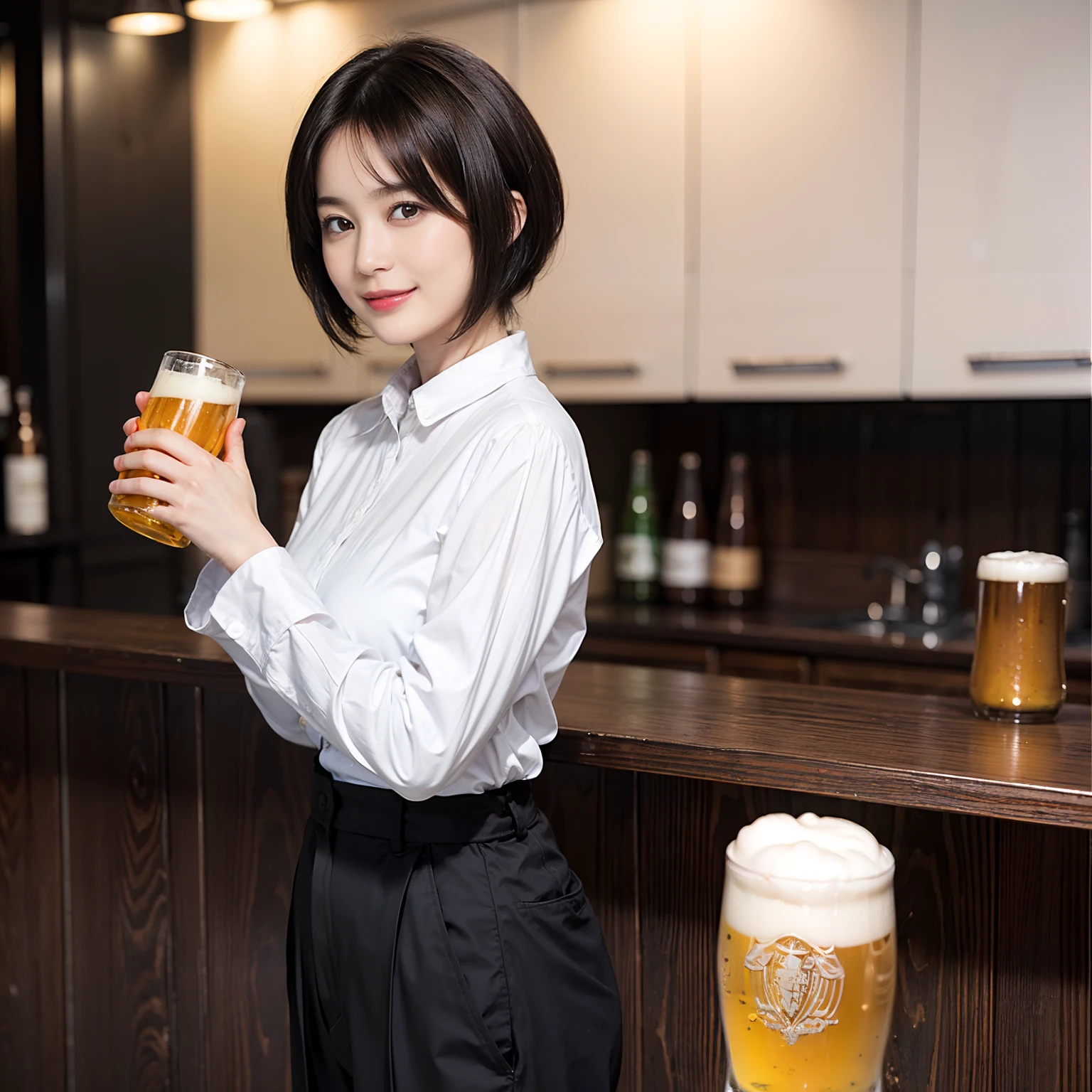 88
(a 20 yo woman,is standing), (A hyper-realistic), (masutepiece), ((short-hair:1.46)), (Smooth black hair), (Breast:1.0), (kindly smile), wear long pants, (Wearing a long-sleeved shirt), (Beautiful skin:1.5), (Drinking beer)