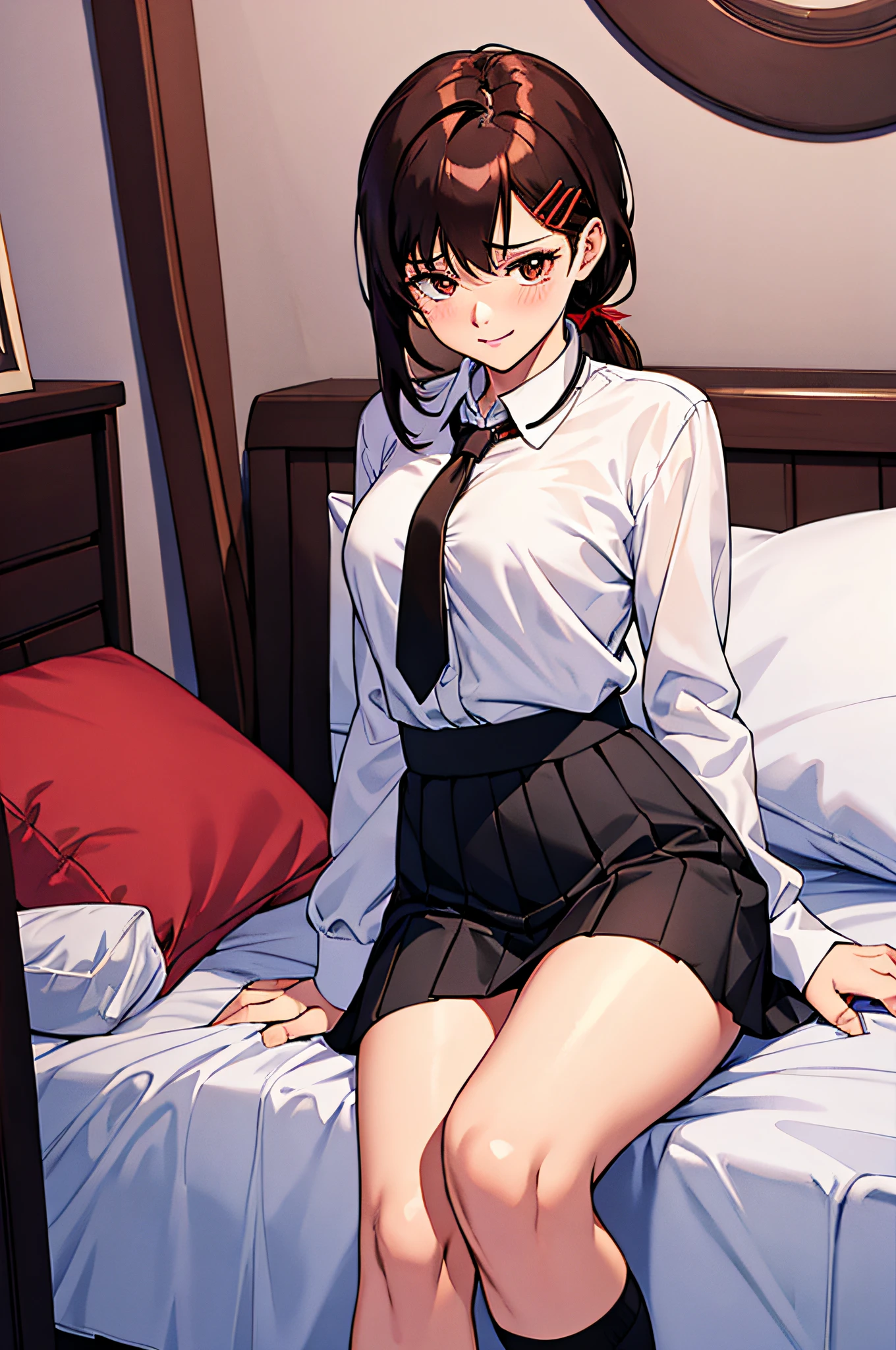 tmasterpiece，best qualtiy，ultra - detailed，illustratio，Cinematic compositions，isometry，1girll，独奏，adolable，with brown eye，black colored hair，sweeping bangs，red hairclip，Blouse with white collar，black necktie，a black skirt，Formal，a captivating gaze，enchanting posture，inside in room，On-bed，looking at viewert，peeking out upper body，Be red in the face，Tempting smile，Shut your mouth，(8K:1.1),Over knee socks，Lift the skirt，The reveal panties，bumps，Metamorphosis is exposed，Lace pantie，Cute panties