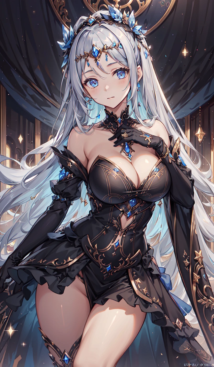 1 girl, (((ultra-detailed))), ((masterpiece)), ((illustration)), sensual, starlight saintess, black ornate dress, curvaceous woman, head veil, long silver hair, fair skin, droopy eyes, starry eyes like the night sky, bust up, facing forward