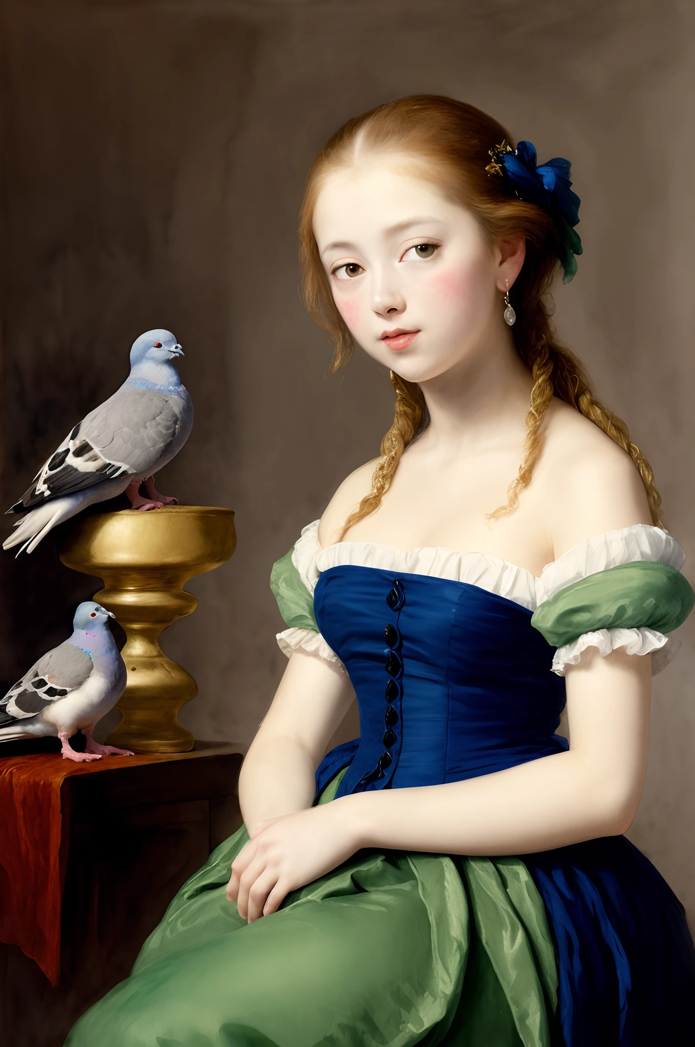 "Girl with pigeons" in the style of Jean-Baptiste Greuze, lush watercolor palette canvas/acrylic, intricate, extreme detail, complex key, ((single shot)), ((best quality)), ((masterpiece)), ((realistic)), 8k, impressionism: 0.2 full hd wallpaper