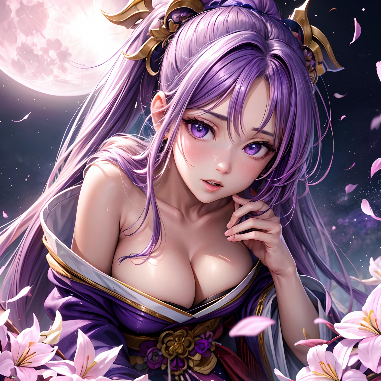 finest image, (8k, RAW photo, realistic), portrait, detailed and delicate depiction and flashy and dynamic painting method, pink cross on the forehead, violet ponytail, beautiful woman, violet sharp eyes, amorous expression, lewd expression, ecstasy, orgasm, large breasts, great proportion, open Japanese kimono, violet and white lilies, background big moon, iridescent golden particles