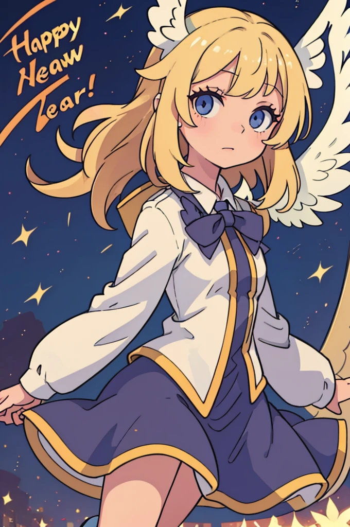 Little blonde girl with wings flies, New Year's costume