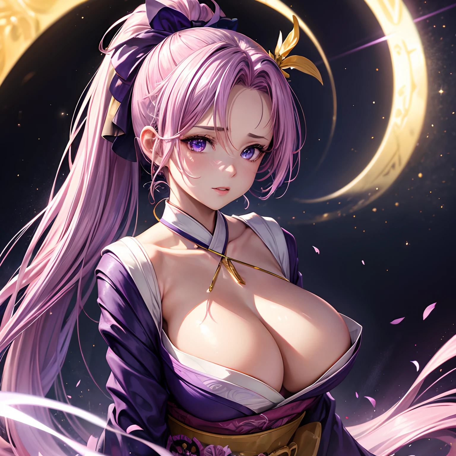 finest image, (8k, RAW photo, realistic), portrait, detailed and delicate depiction and flashy and dynamic painting method, pink cross on the forehead, violet ponytail, beautiful woman, violet sharp eyes, amorous expression, lewd expression, ecstasy, orgasm, large breasts, great proportion, open Japanese kimono, violet and white lilies, background big moon, iridescent golden particles
