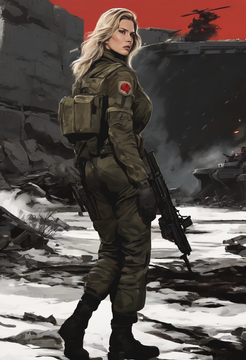 Red alert, Tanya Degurechaff, army suit, Short stature, psychotic eyes, Destroyed landscapes, Side view, holding gun, Dark style, Allied bases