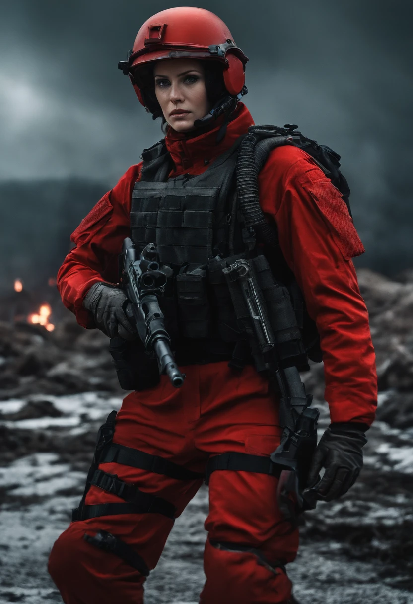 Red alert, Tanya Degurechaff, army suit, Short stature, psychotic eyes, Destroyed landscapes, Side view, holding gun, Dark style, Allied bases
