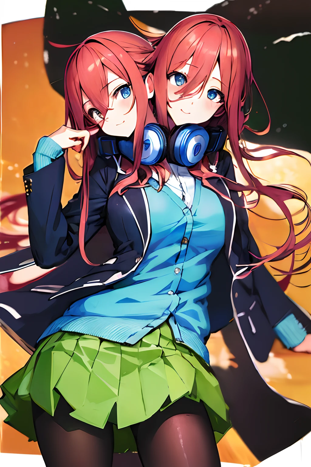 (masterpiece, best quality, ultra-detailed, illustration), (2heads:1.5), 1girl, nakano miku character, nm1, headphones around neck, school uniform, long sleeves, blue cardigan, green skirt, pantyhose, black jacket, open jacket, cowboy shot, standing,