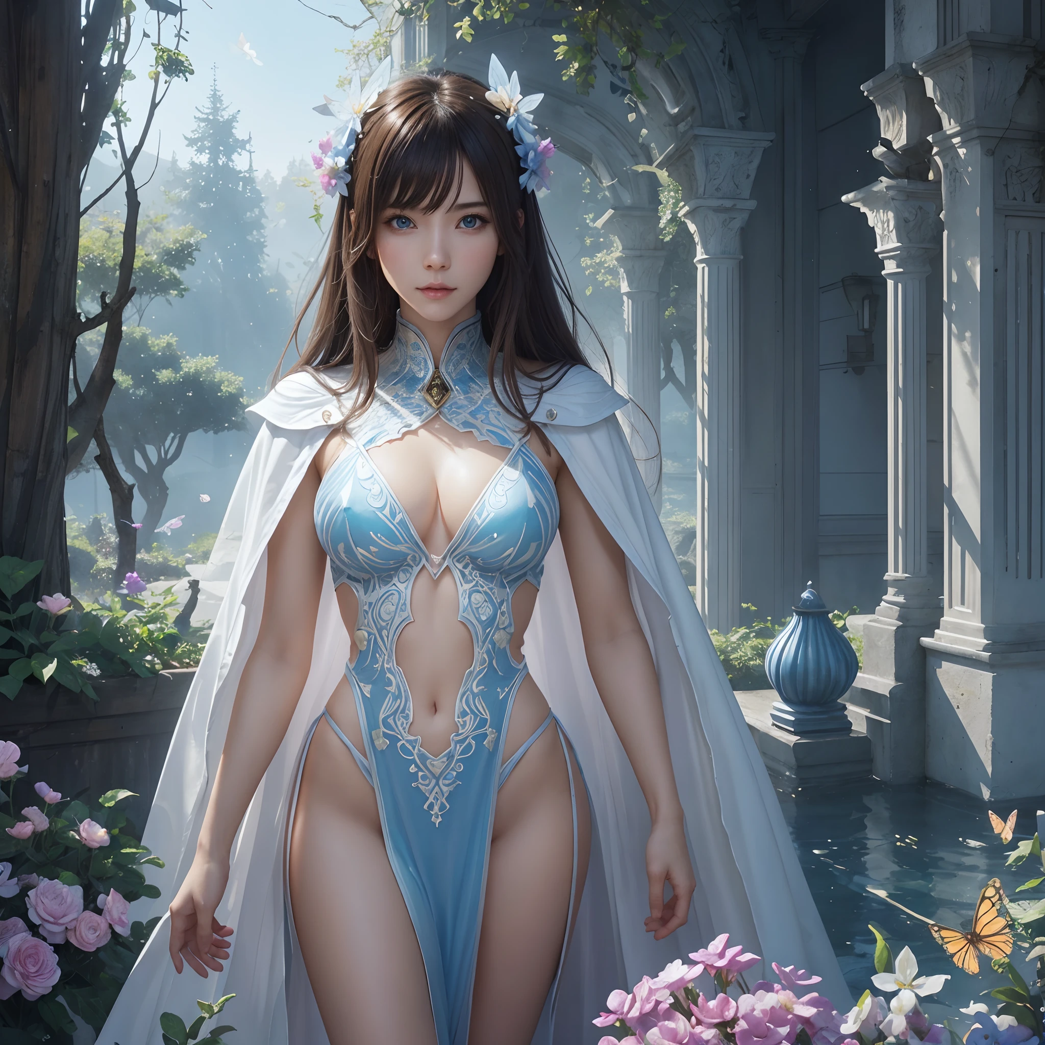 hightquality、8K Ultra HD、fullllbody、-yeld wo、Randomly diagonally to the side、robe blanche、light brown hair、Blue eyes、(In the background is a lovely healing forest and a waterside)、cute little、Beautiful fece、portlate、Antique architecture、Flowers and butterflies、art by:Alberto Seveso、Symmetrical、Abstract art style、Complex and intricate watercolor painting 、digitial painting、concept-art、Volumetric lighting、TanvirTamim、metal reflective、2d render、8K。 by artgerm、Trending on ArtStation