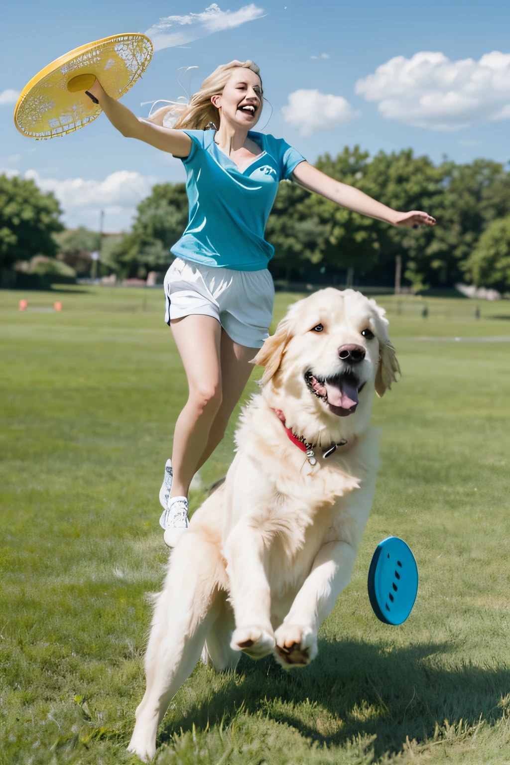 with blue sky and white clouds,The owner and his own golden retriever play a game of frisbee on the grass,The Golden Retriever jumps up to catch the frisbee,a person,a Dog