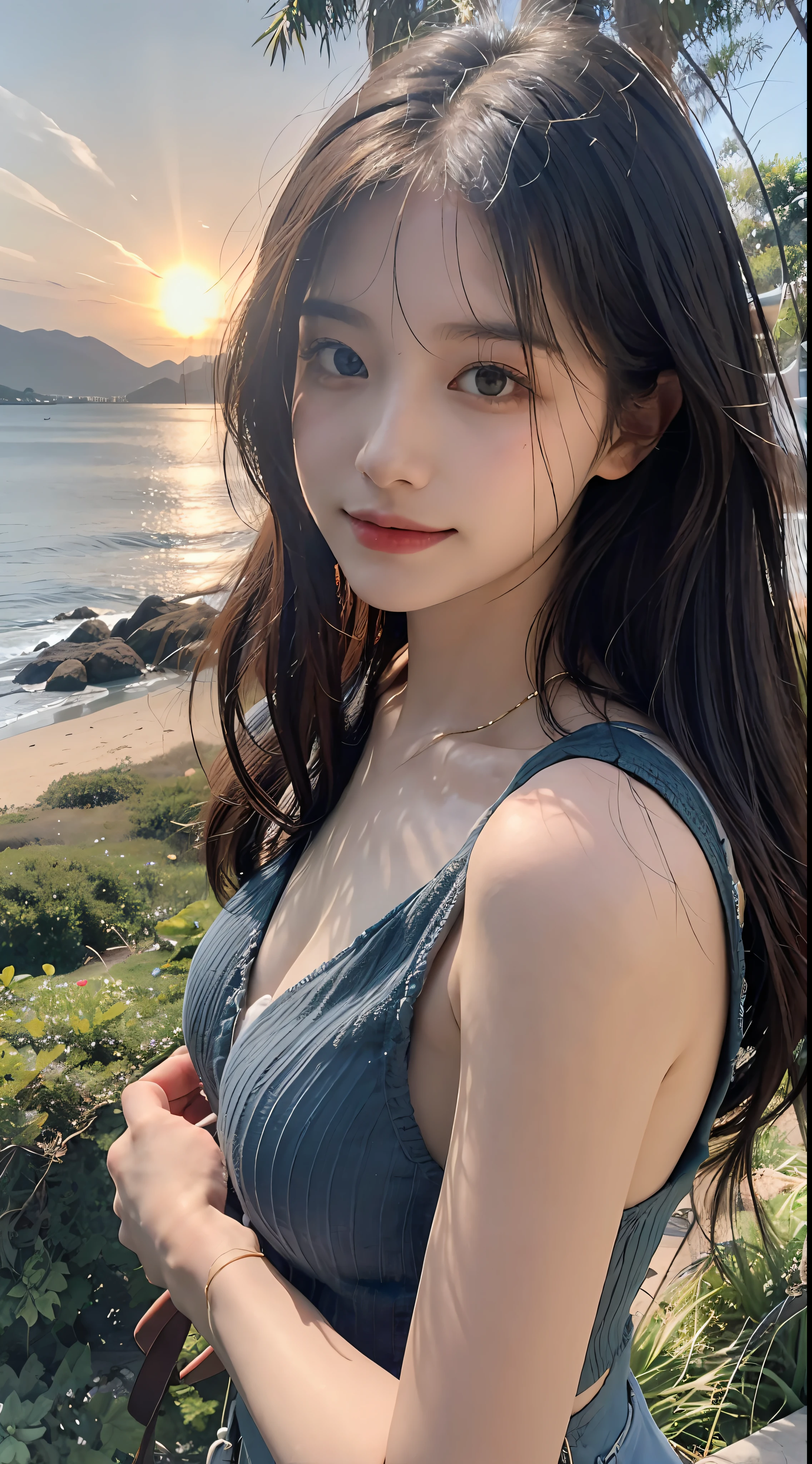 Masterpiece, Best Quality, Very Detailed, 8k, Photorealistic, soft focus, beautiful detailed eyes, detailed face, double eyelid, 1girl, solo, beautiful skin, real human skin, close-up shot, Full-body, beautiful firm breasts, mature body,beautiful cleavage, 18 years old girl, beautiful girl, Japanese idol, (french braid 1.3), brown hair, (Plaid Ruffle Cross Strap Monokini One-piece Swimsuit:1.2), undersized swimsuit,Gentle smile, NSFW, (beautiful Phuket Patong sea:1.2),lie down on sandy beach,by the palm trees,shoot from below, POV from below, open your legs, Squat your legs apart
