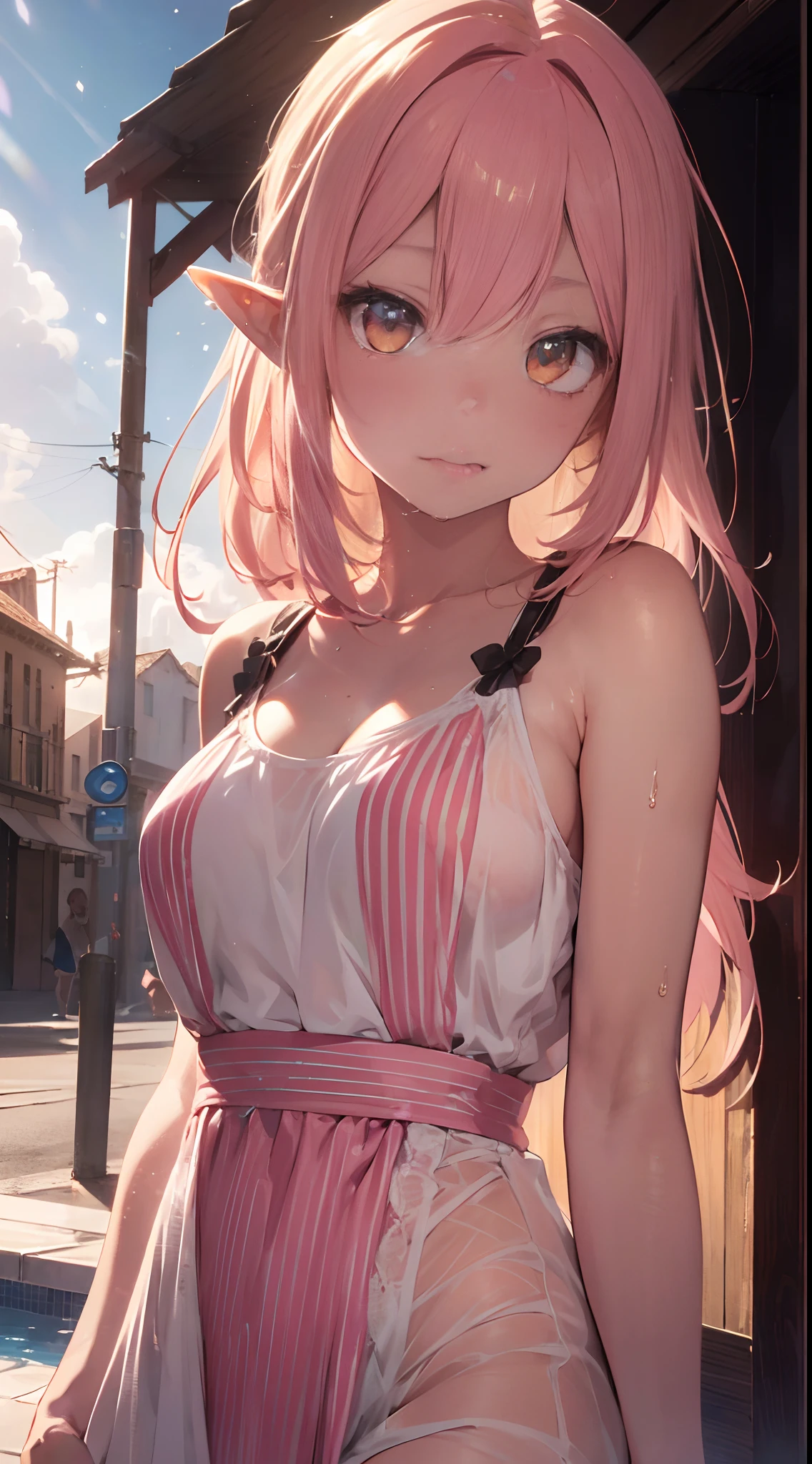 masutepiece,((masutepiece)),((Best Quality)),(Ultra-detailed),((Extremely detailed)),4K,(8K),Best Quality,(Beautiful),((kawaii)),Cute,(lovely),Highly detailed game CG,

maturefemale,(skin tanned:0.8),Posing by the pool,Dynamic&Bewitching scenery,intricate landscapes(CG Illustration:1.1),(perfect  detail:1.2),wide&dynamic shot,Undulating silk(Wet See-Through Spider Silk)Hold on to the wind,Embodiment of [corrupted]-purity,fril swimsuit(Pink dress)Dark fantasy design(Lace pattern,Golden finish),Bare arms,(lively colored hair,White-pink hair with stripes,Dynamic Hair),(White eyes,Orange Eyes[Like amber]),Vicious gaze,Expressive,Parted lips,elf(Pointed ears),Detailed imperfect skin(Mole,freckle),beautiful detailed eyes and face(Perfect face),Best lighting and shading(Chiaroscuro:1.3),Wavy diffraction pattern(Heat twinkle,Surreal,mirage:1.5),Blurry background(depth of fields,Lens Flare),Bright sunlight,(raw,Realism:0.6),(Illustration),(Detailed and complex,gorgeously detailed),(hight resolution,Best Quality,Ultra Definition),