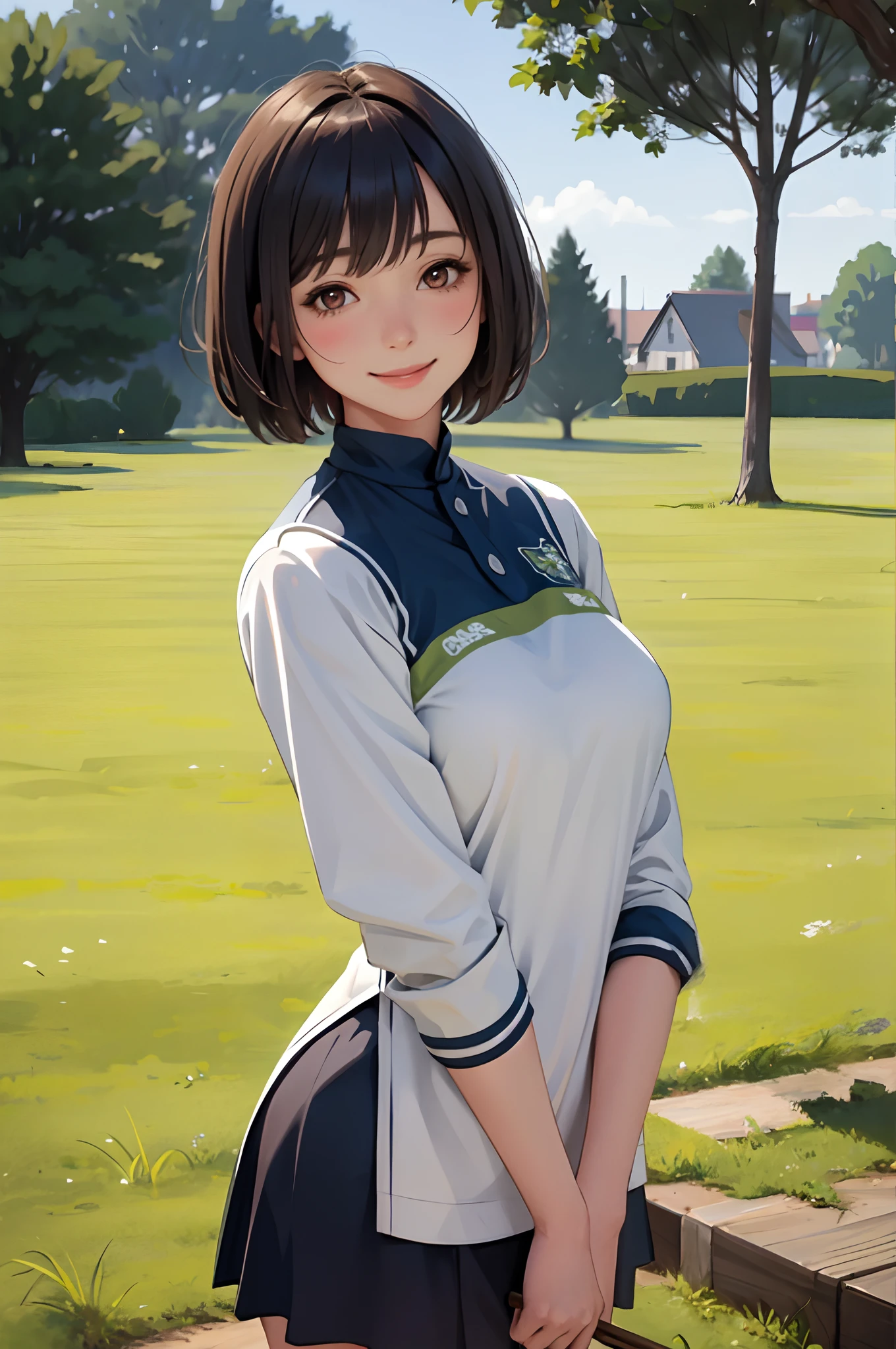 1lady solo, standing, mature female, /(lacrosse uniform/), /(short hair/) bangs, blush kind smile, (masterpiece best quality:1.2) delicate illustration ultra-detailed, large breasts BREAK /(grass court outdoors/)
