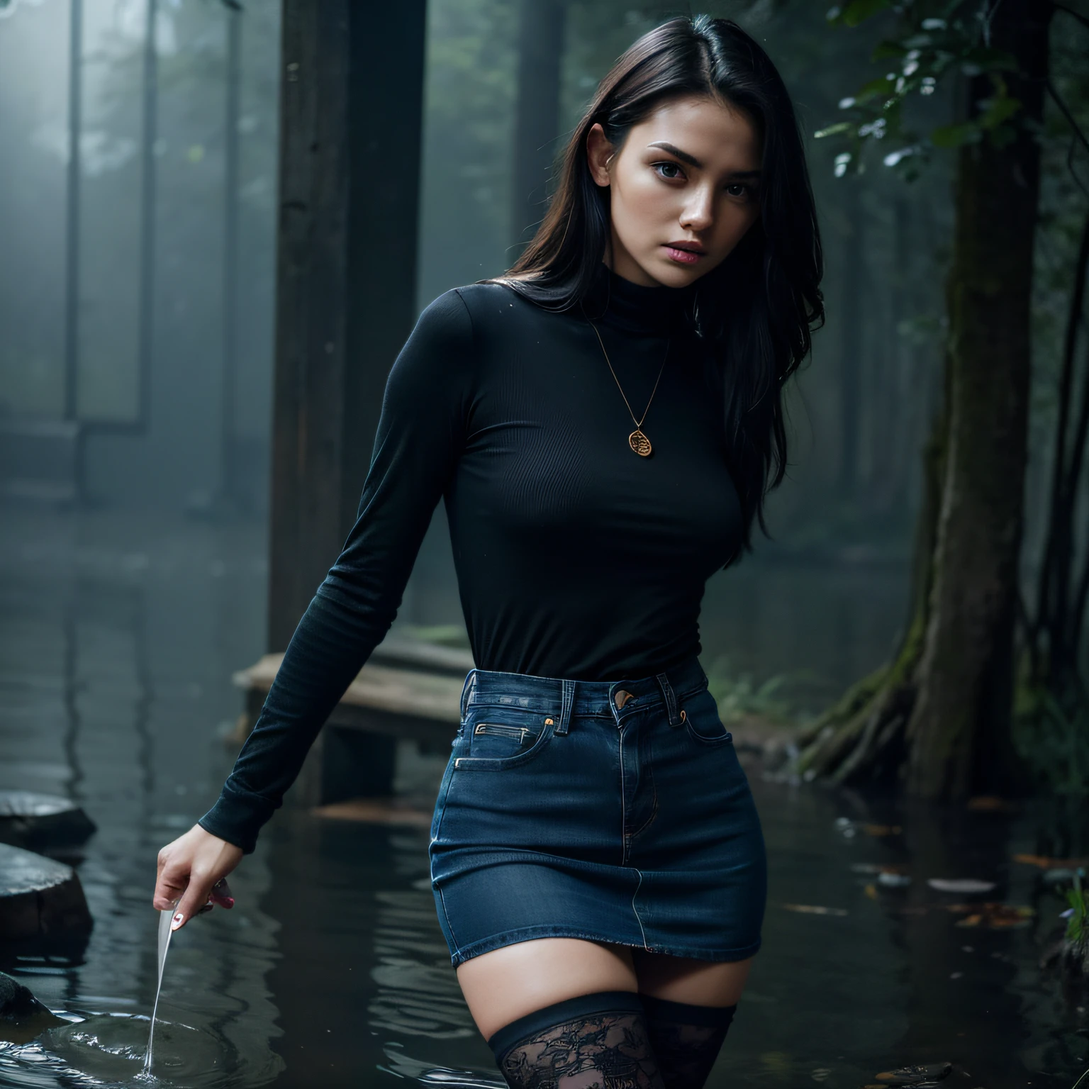 (Best Quality,4k,hight resolution,Masterpiece:1.2),Ultra-detailed, HDR lighting (dark and mysterious), Realistic,emotion,The woman,black nails,countenance (Powerful & impassioned), sheer lace stockings,jeans skirt,Erotic pleasure in clothes,drowning in a swamp,gloomy ecstasy,sexypose,Engrossed Hand Masturbation:1.3,Caresses herself through clothes,Standing