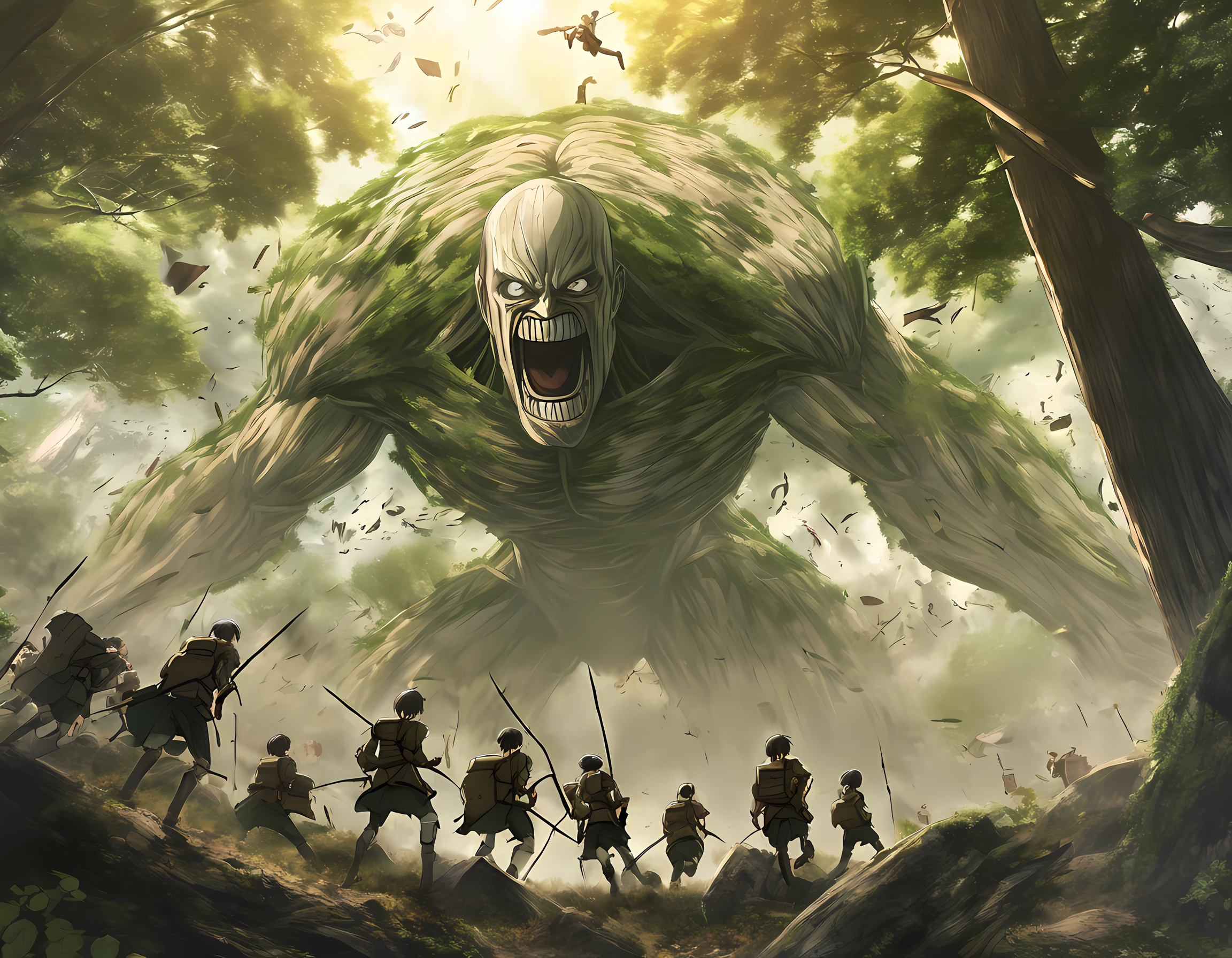 best quality,4k,8k,highres,masterpiece:1.2,ultra-detailed,realistic:1.37,illustration,Photography of a breathtaking and imaginative scene inspired by Hajime Isayama's Attack on Titan. The setting is a colossal forest, with towering trees reaching towards the sky. Within the forest, the Survey Corps engages in a fierce battle with the titans, their maneuver gear propelling them through the air with precision. The scene is filled with dynamic motion, with titans clashing and soldiers leaping through the trees. This artwork captures the intense action and high-stakes battles of Attack on Titan, leaving viewers in awe of the characters' bravery and determination