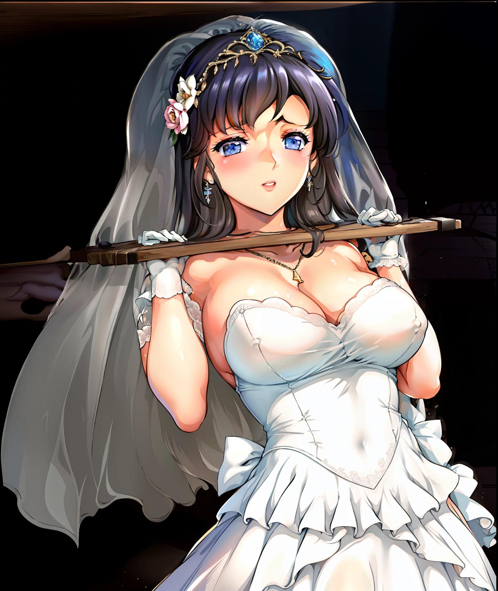 Long hair, bangs, Blue eyes, Black hair,
1 girl, 20yr old,younger female,Close-up of a beautiful bride in a beautiful wedding dress, Gurvetz,(pillory:1.5), (Flail:1.2), Flail on the head, Flail on the hands,(Bridal veil: 1.5), (Short transparent veil: 1.5), Flushed face, Head flower, head gear, Very detailed princess wedding dress,(Tubular wedding dress: 1.5), (Silk dress: 1.2 ), (Strapless wedding dress: 1.5), (and floor-length skirts:1.2), Pure white dress,a white long skirt, necklace, Earrings, (Huge breasts: 1.3), Deep V heart collar wedding dress, bangs, lipstick, (Lace gloves: 1.3), High detail RAW color art,