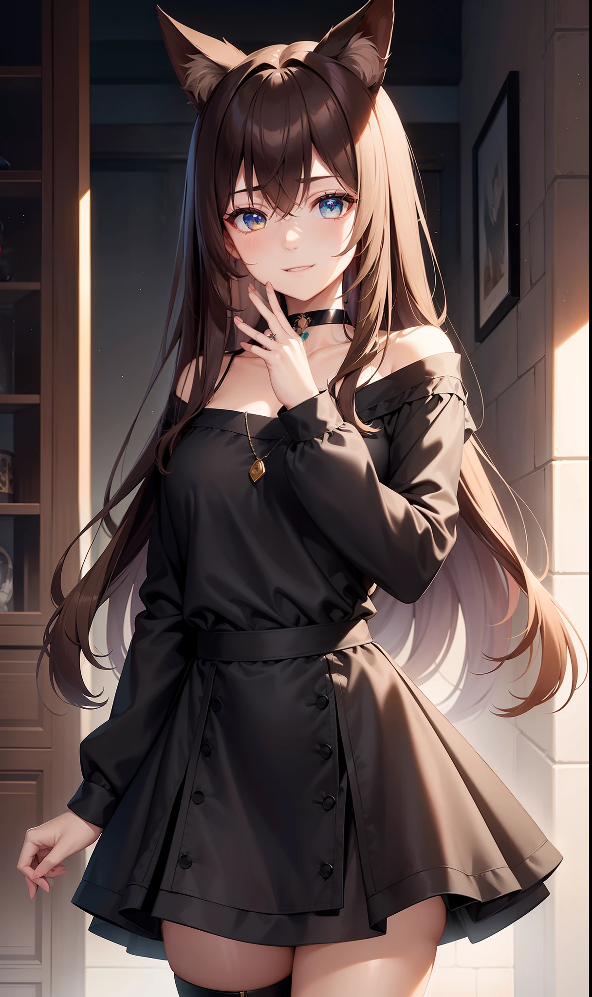 a handsome female,delicate facial features,Long brown hair,brown cat ears,Cyan eyes,black sleeved top,Choker, blackskirt,Sakura,K HD,higly detailed,hiquality,Good atmosphere,Delicatessen,CG рендеринг,Detailed rendering,(Subtle facial image)(Image of fine hair)(topquality)(Masterpieces of masters)(High degree of completeness)(A sense of atmosphere),Smiling,Black sweater