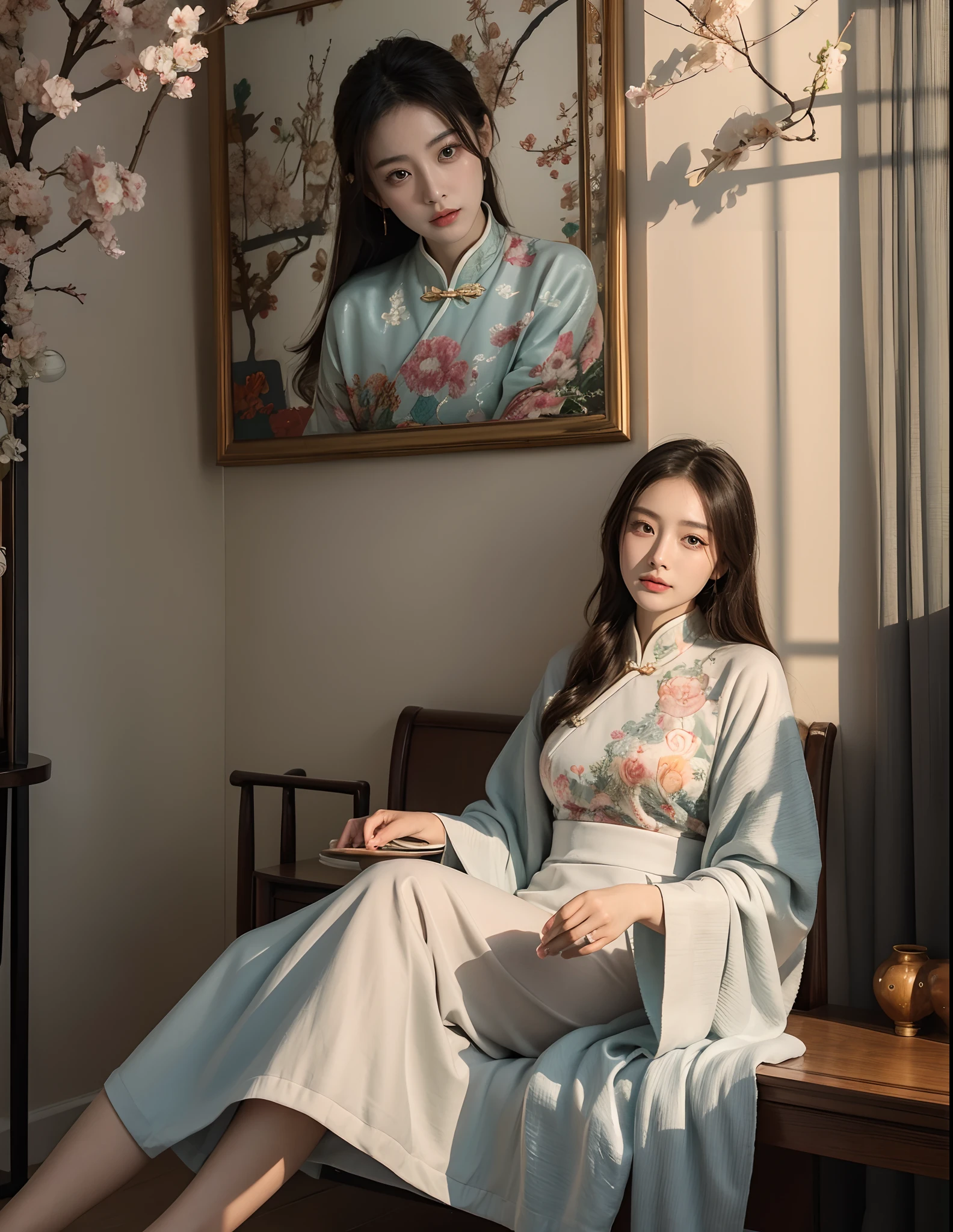 A Chinese woman (Fan Bingbing) wearing a cheongsam, sitting on an Eight Immortals Chair in the courtyard of a Chinese-style building
