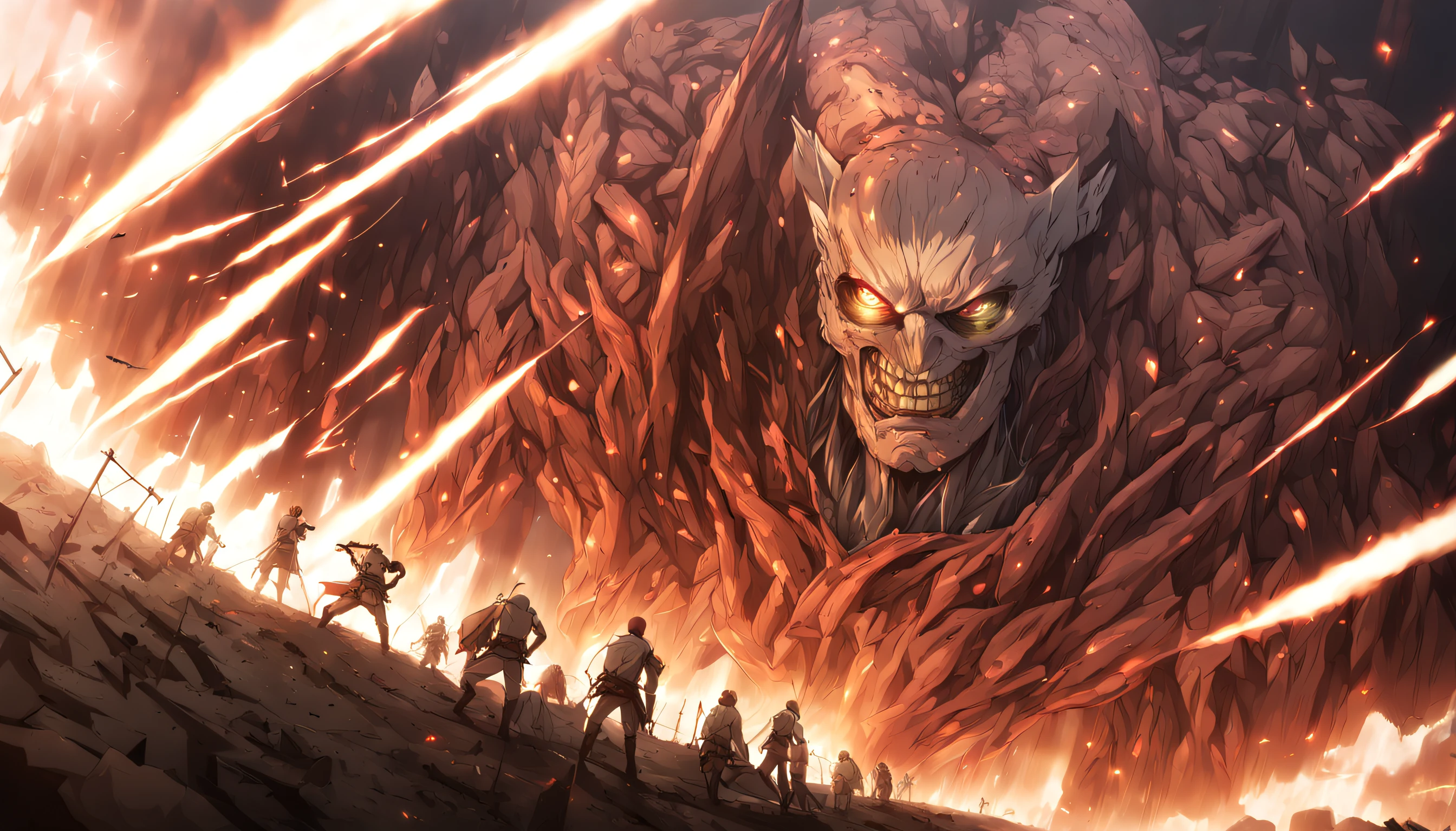 Breathtaking artwork of the Attack on Titan universe, capturing epic battles between humans and Titans, immersive landscapes, and dramatic lighting effects that create an awe-inspiring visual experience.