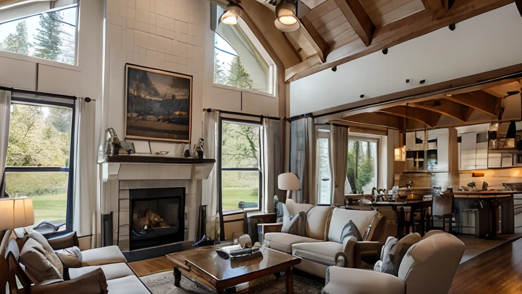 an editorial photograph of a ((pacific northwest)) (living room), with tall white windows, grey curtains, navy and white brick walls, a large fireplace, vaulted natural wood (timber frame) and shiplap ceiling, and a large bohemian rug