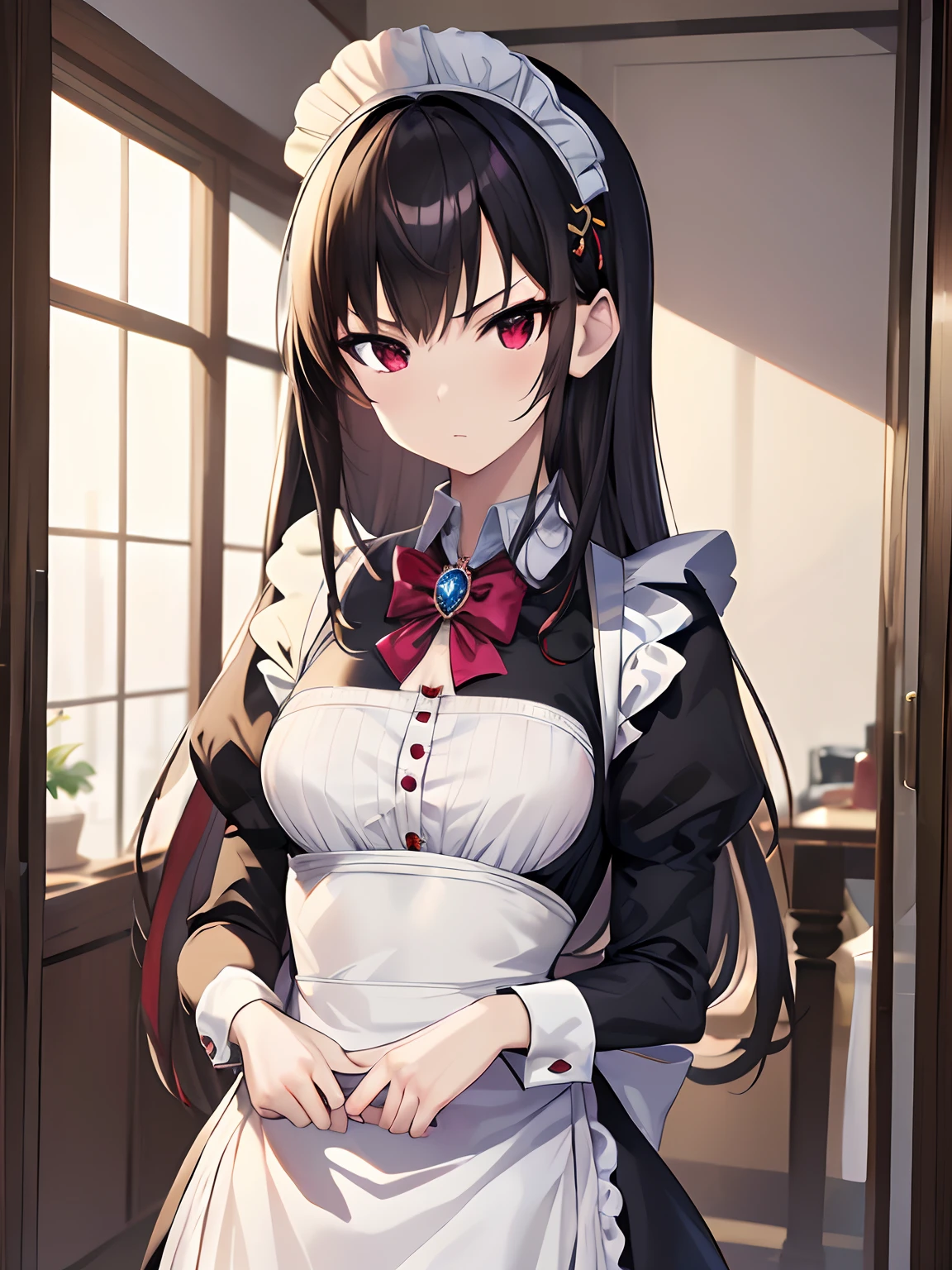 8k, masterpiece, highly detailed, anime style, solo, breathtakingly beautiful 1girl, (maid), bow, (antique brooch), black hair, red eyes, tall, medium breasts, tsurime