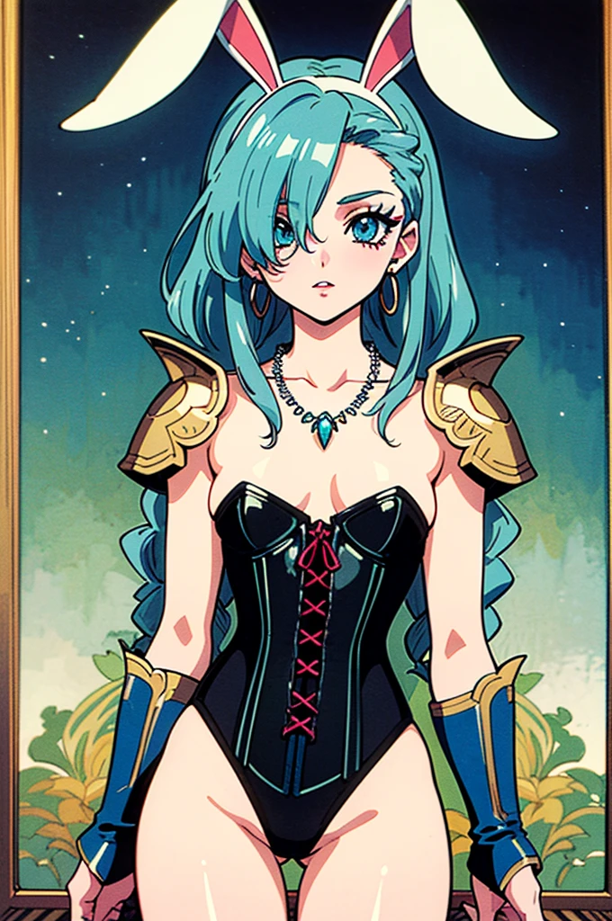 "(masterpiece:1.1), best quality,
1girl, (80s anime style:1.4), (eyelashes:1.5),
(intricate high detailed body:1.2),
aqua hair,
(hair over one eye:1.1),(twin braids:1.1), (rabbit ears:1.2),
blue eyes, (gothic makeup, red lip stick, eye shadow:1.1),
( body:1.2), (small breasts, flat chest:1.1),
calm,
(silver embroidery bikini armor, corset:1.2),
(pauldrons:1.1), (hoop earrings:1.1), crystal necklace,
standing,
(cowboy shot:1.1),
(bright, vivid color, floral frame, decorative panels, abstract artistic, by Alphonse Mucha:1.1)"